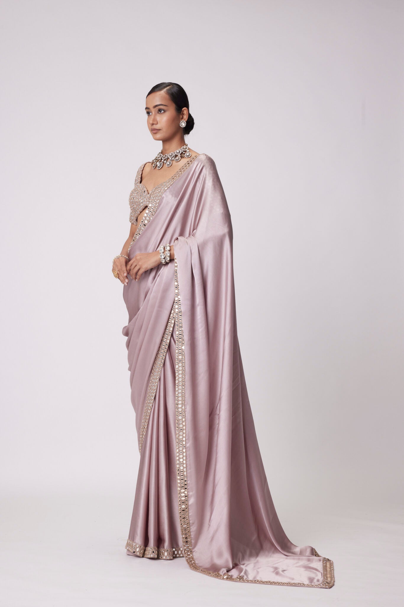 Ash pink Satin Saree Set