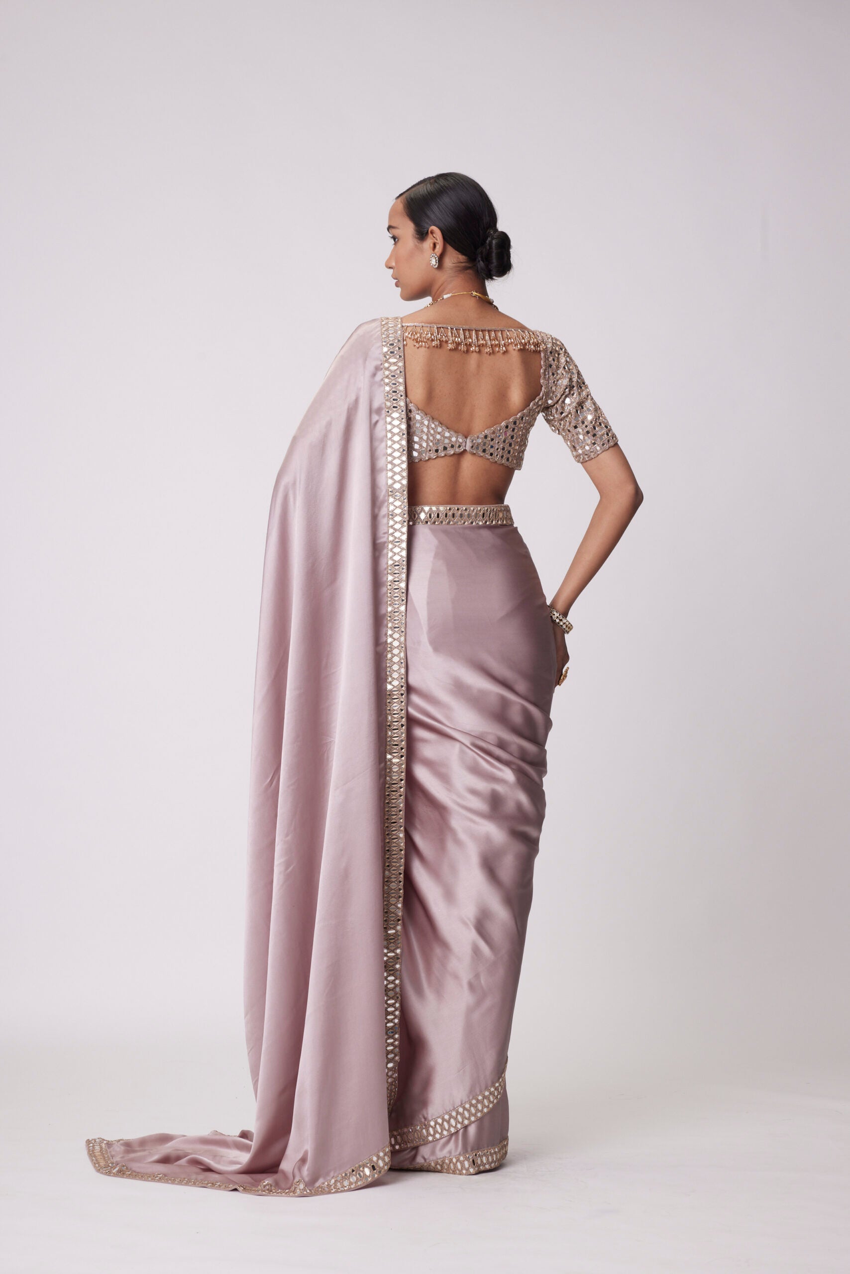 Ash pink Satin Saree Set