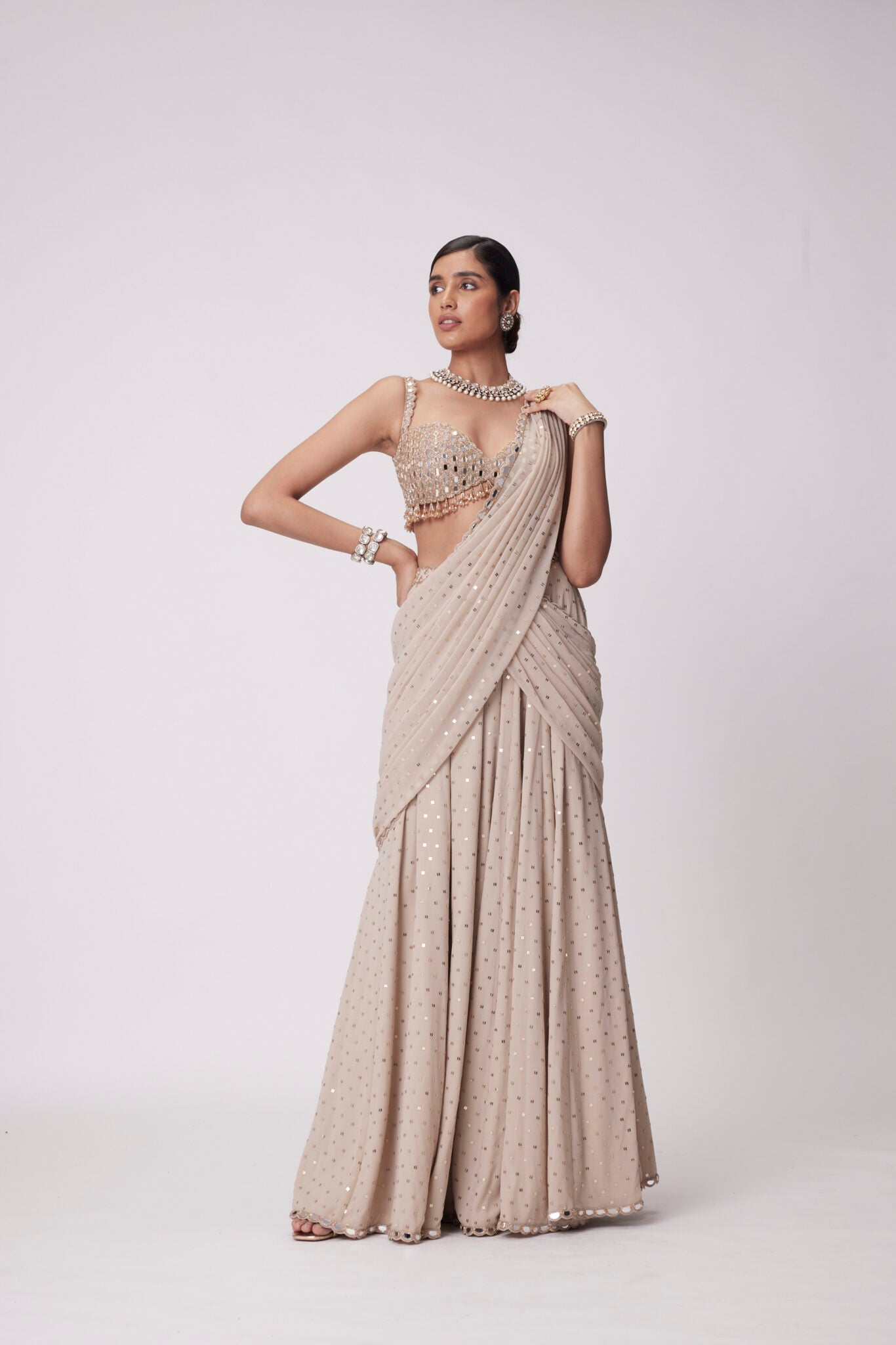 Light Beige Georgette Draped Saree Set