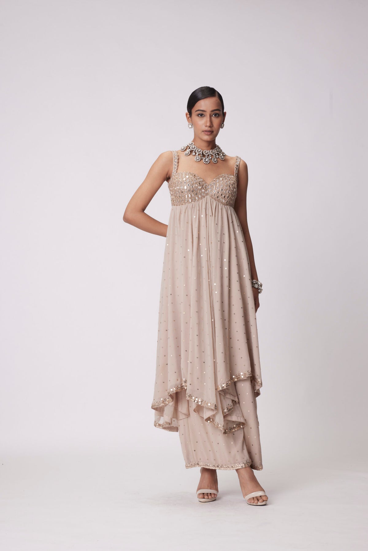 Real Hand Cut Light Beige High Low Real Hand Cut Mirror Embroidered Kurta Set