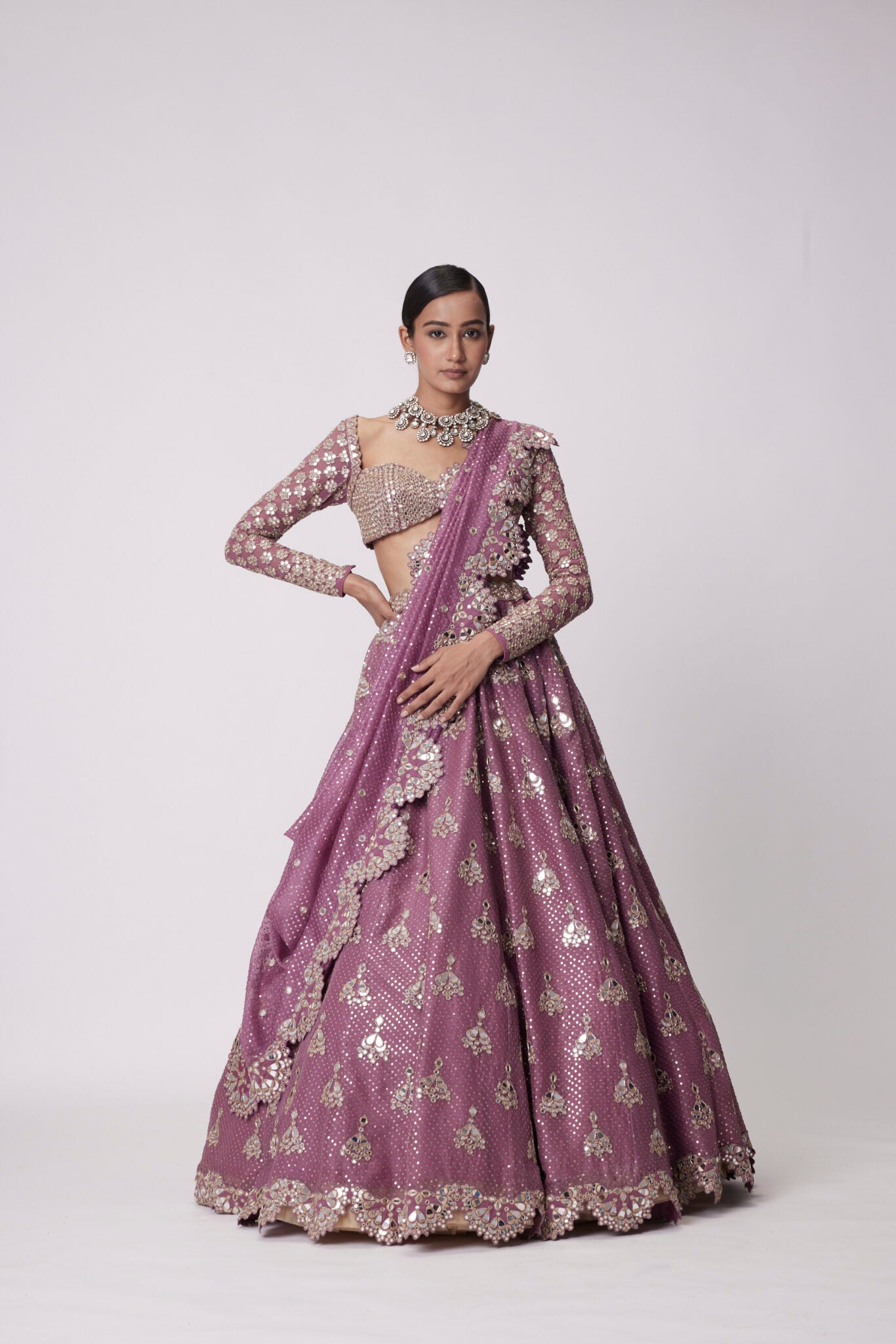 Mud Mauve Sequin And Flower Embroidered Lehenga Set