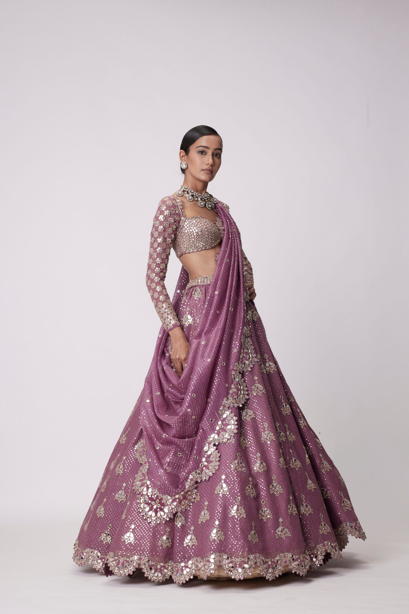 Mud Mauve Sequin And Flower Embroidered Lehenga Set