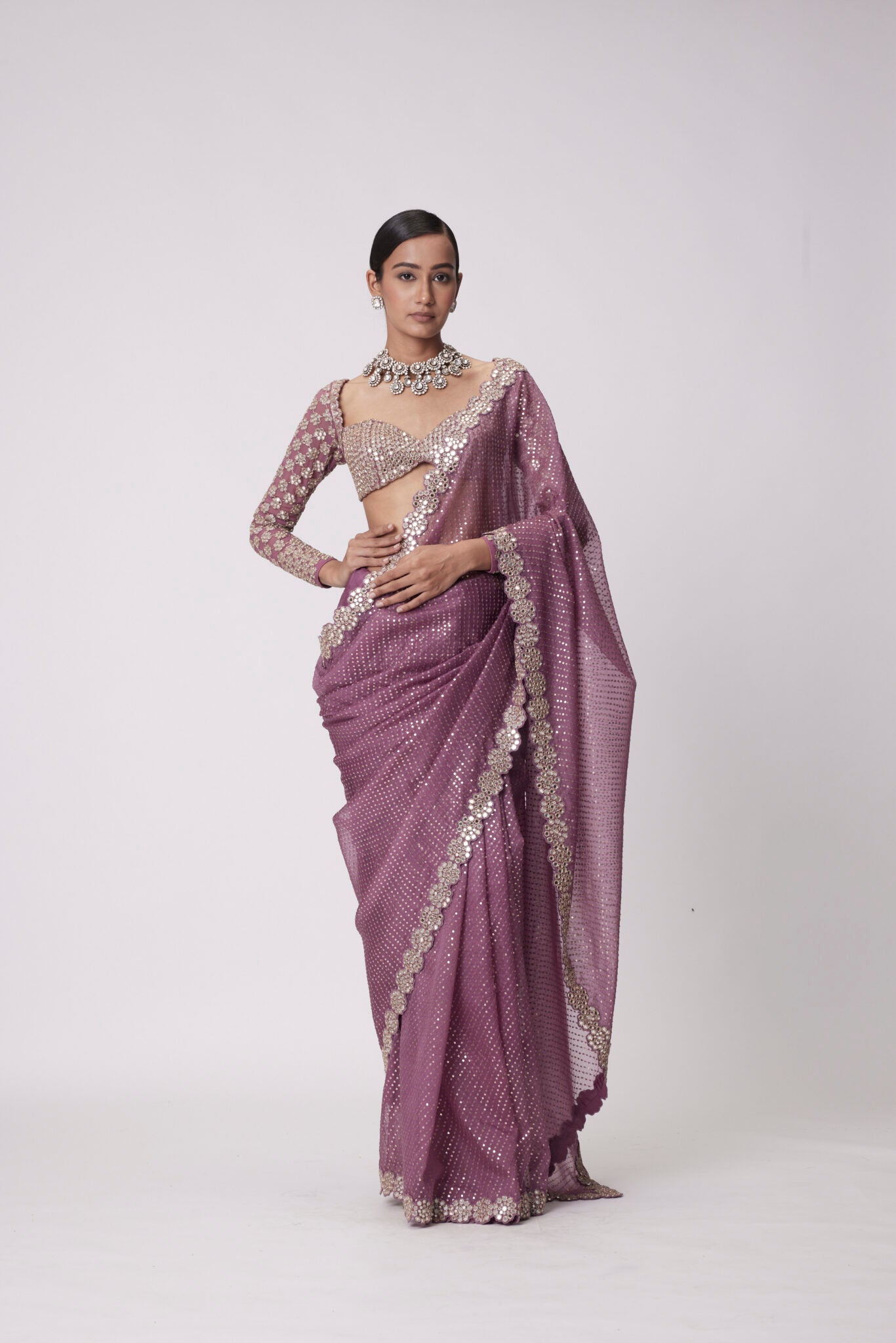 Mud Mauve Hand Embroidered Organza Saree Set