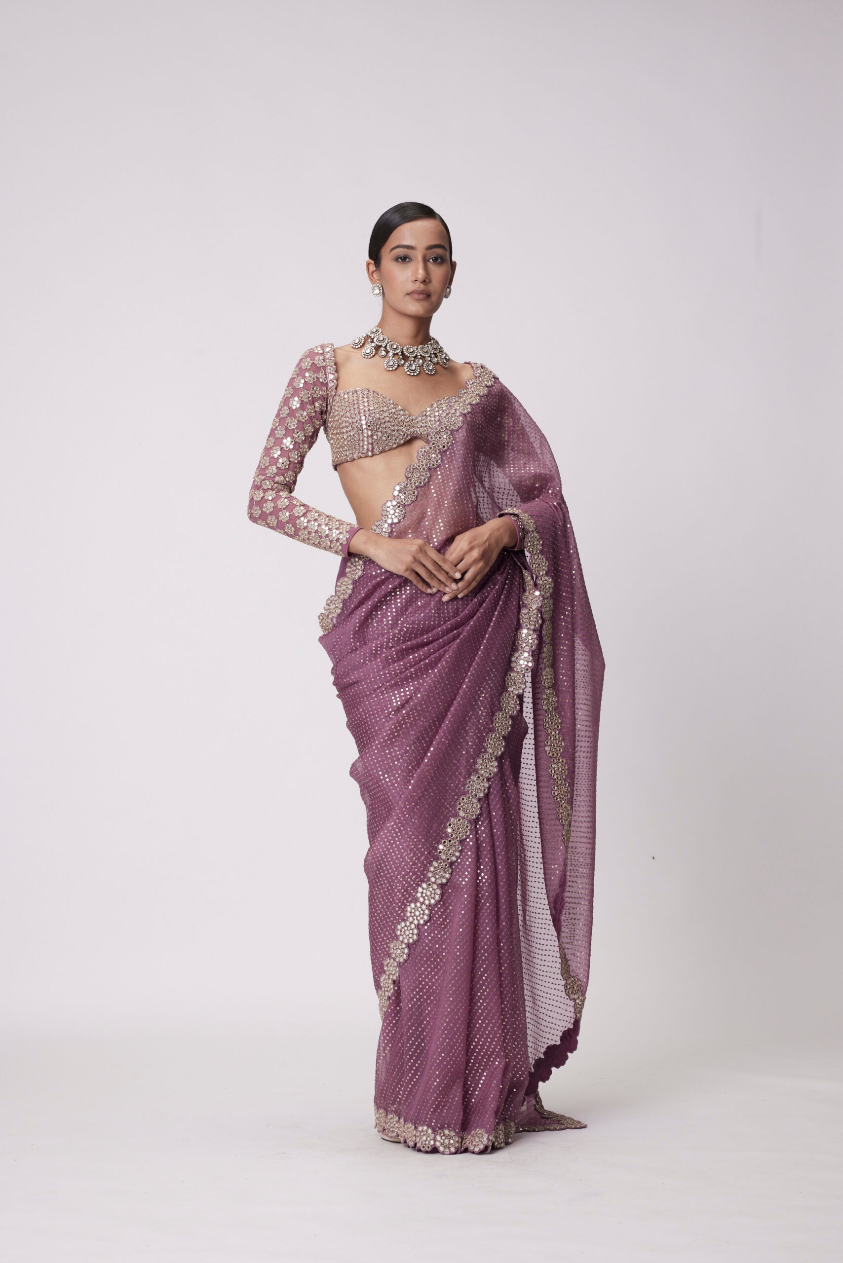 Mud Mauve Hand Embroidered Organza Saree Set