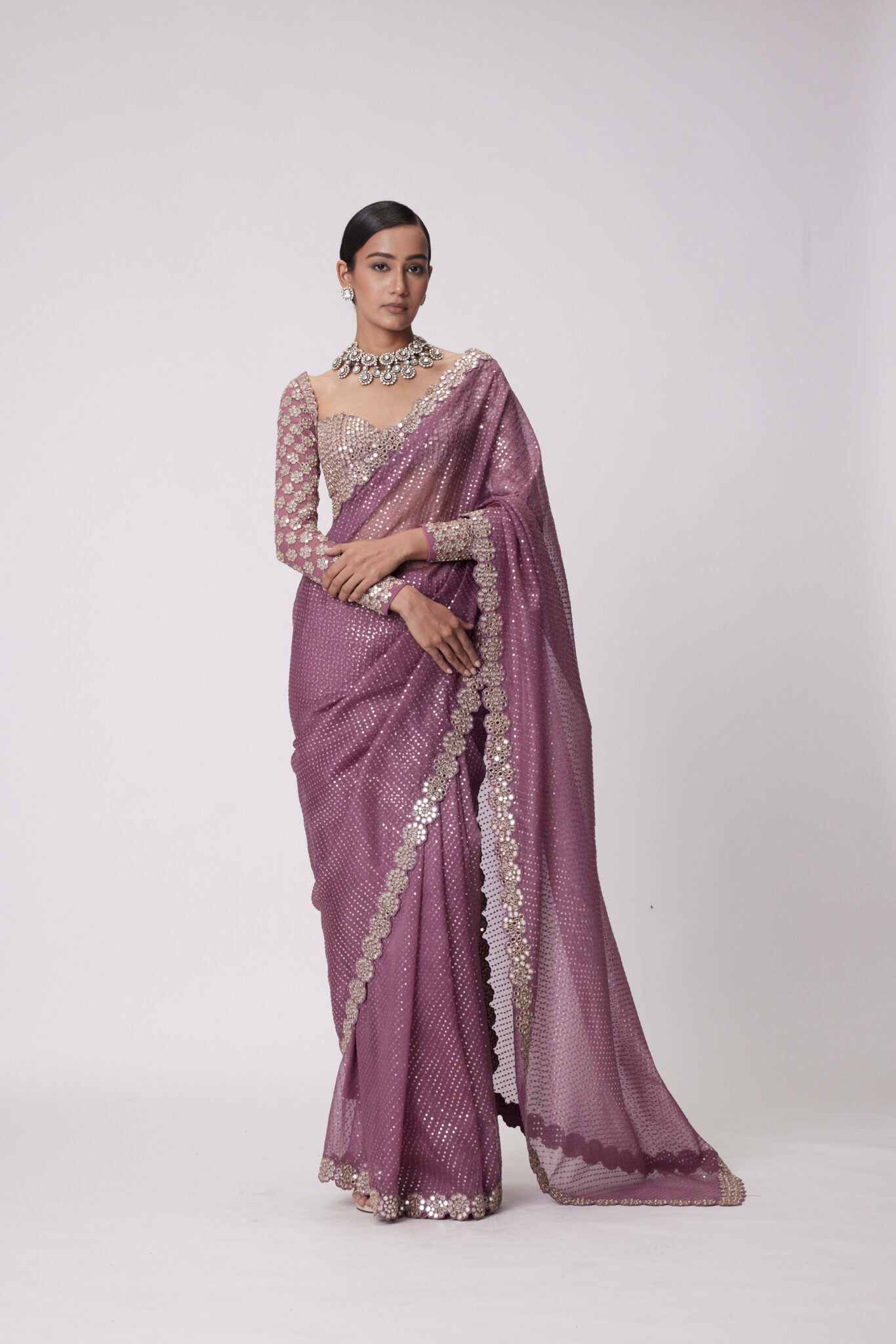 Mud Mauve Hand Embroidered Organza Saree Set