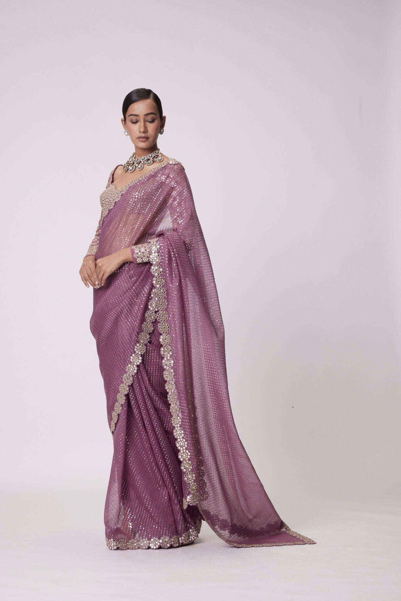 Mud Mauve Hand Embroidered Organza Saree Set