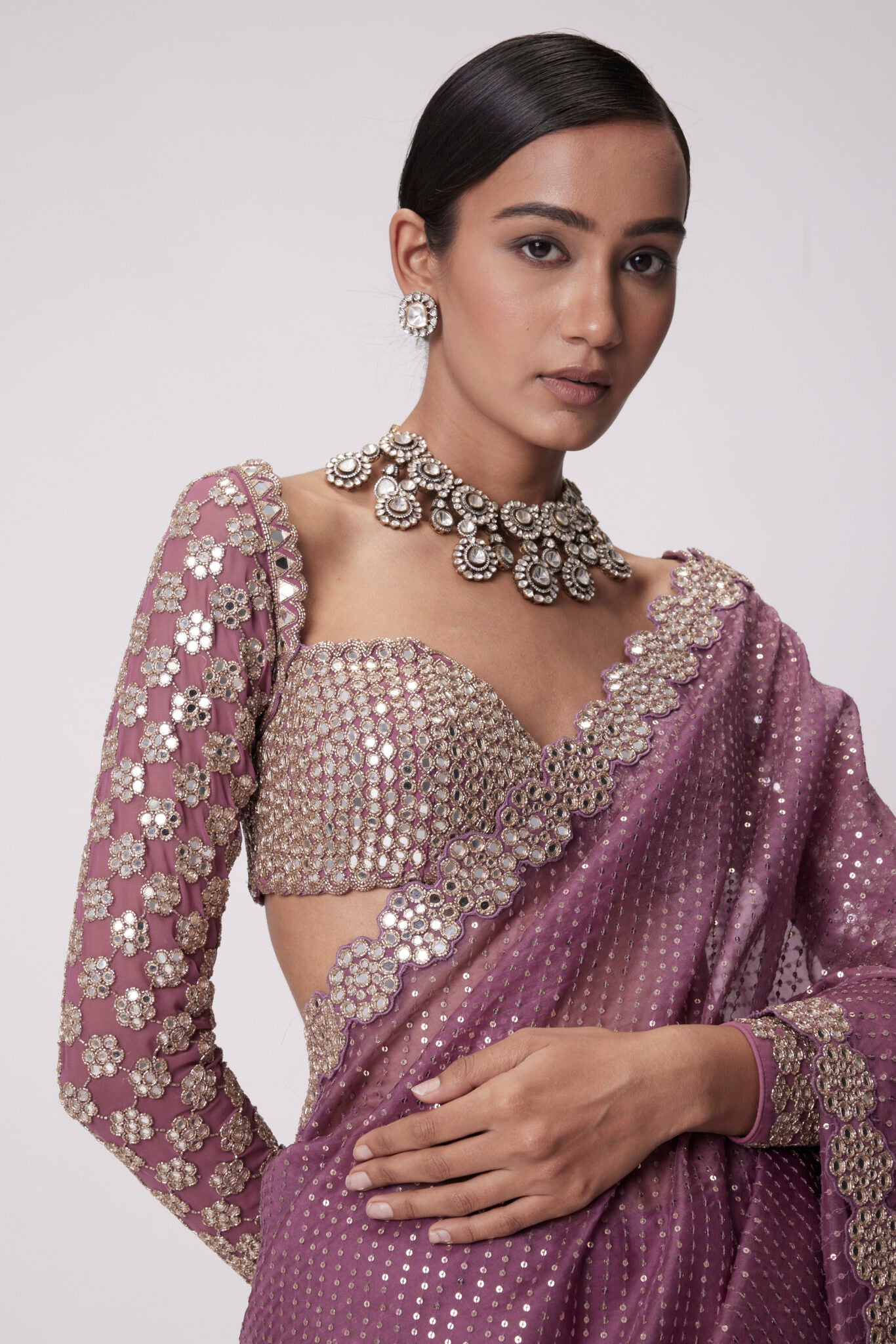 Mud Mauve Hand Embroidered Organza Saree Set