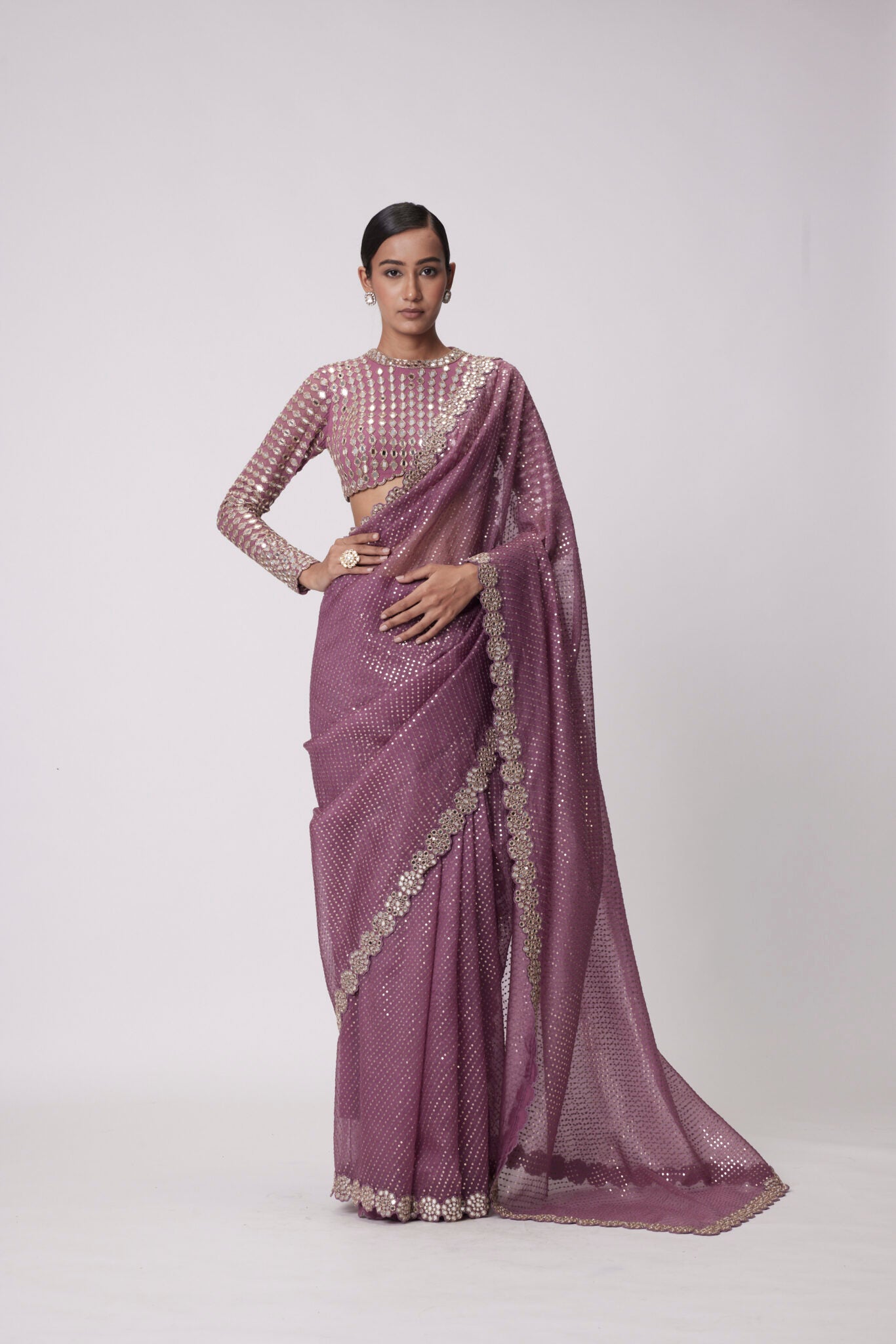 Mud Mauve Hand Embroidered Saree Set