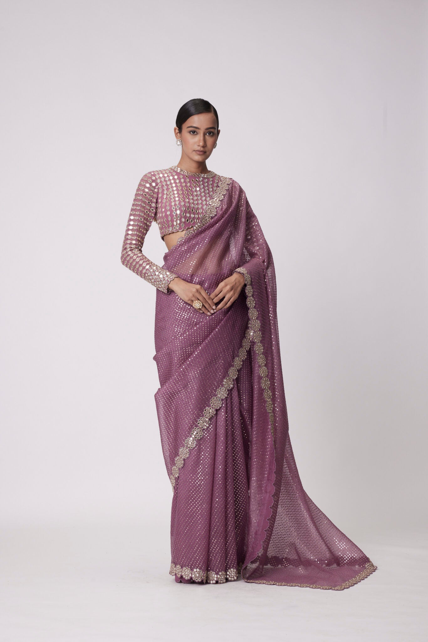 Mud Mauve Hand Embroidered Saree Set