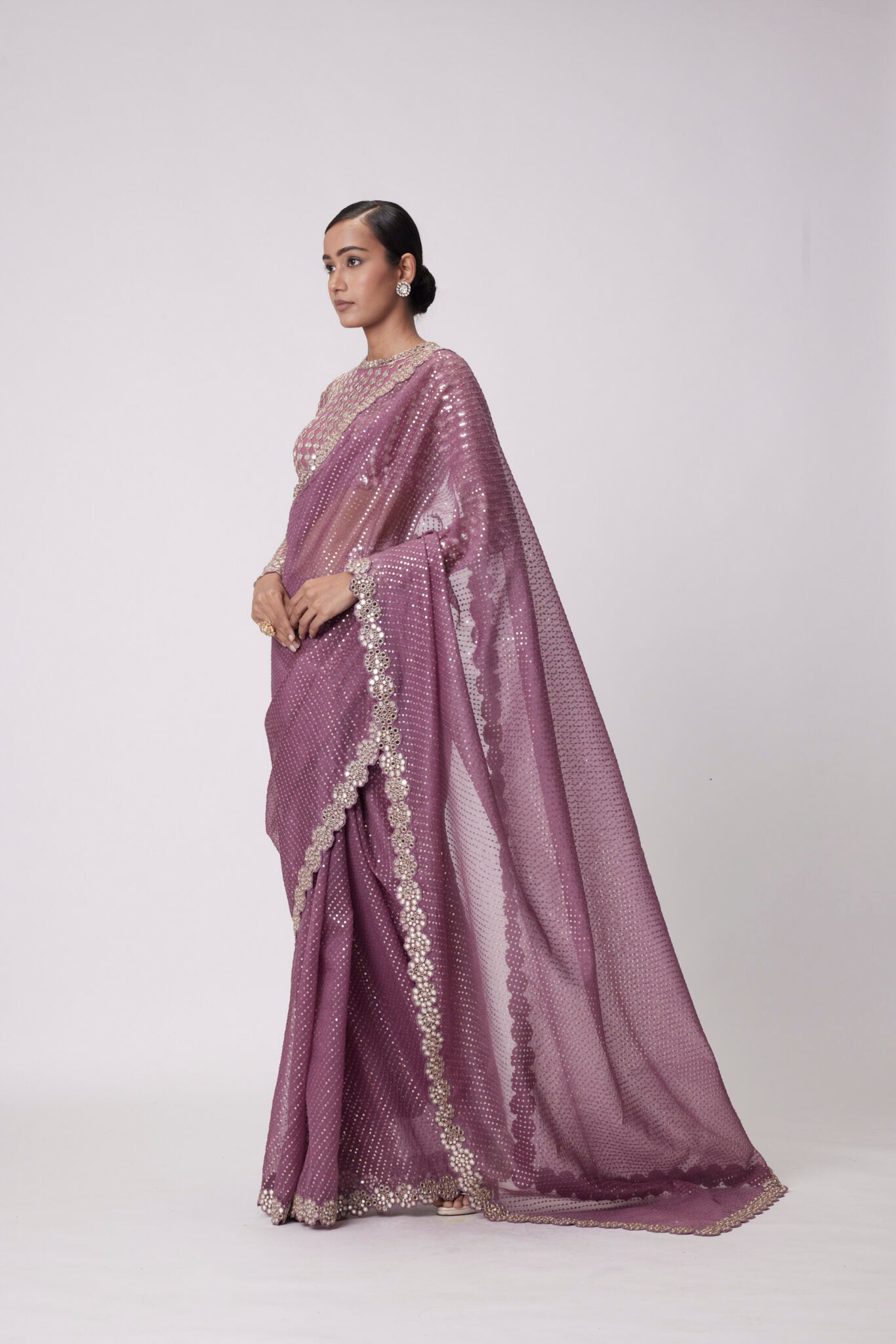 Mud Mauve Hand Embroidered Saree Set