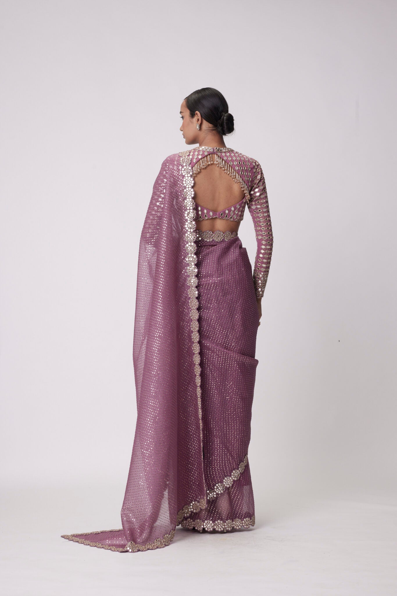 Mud Mauve Hand Embroidered Saree Set