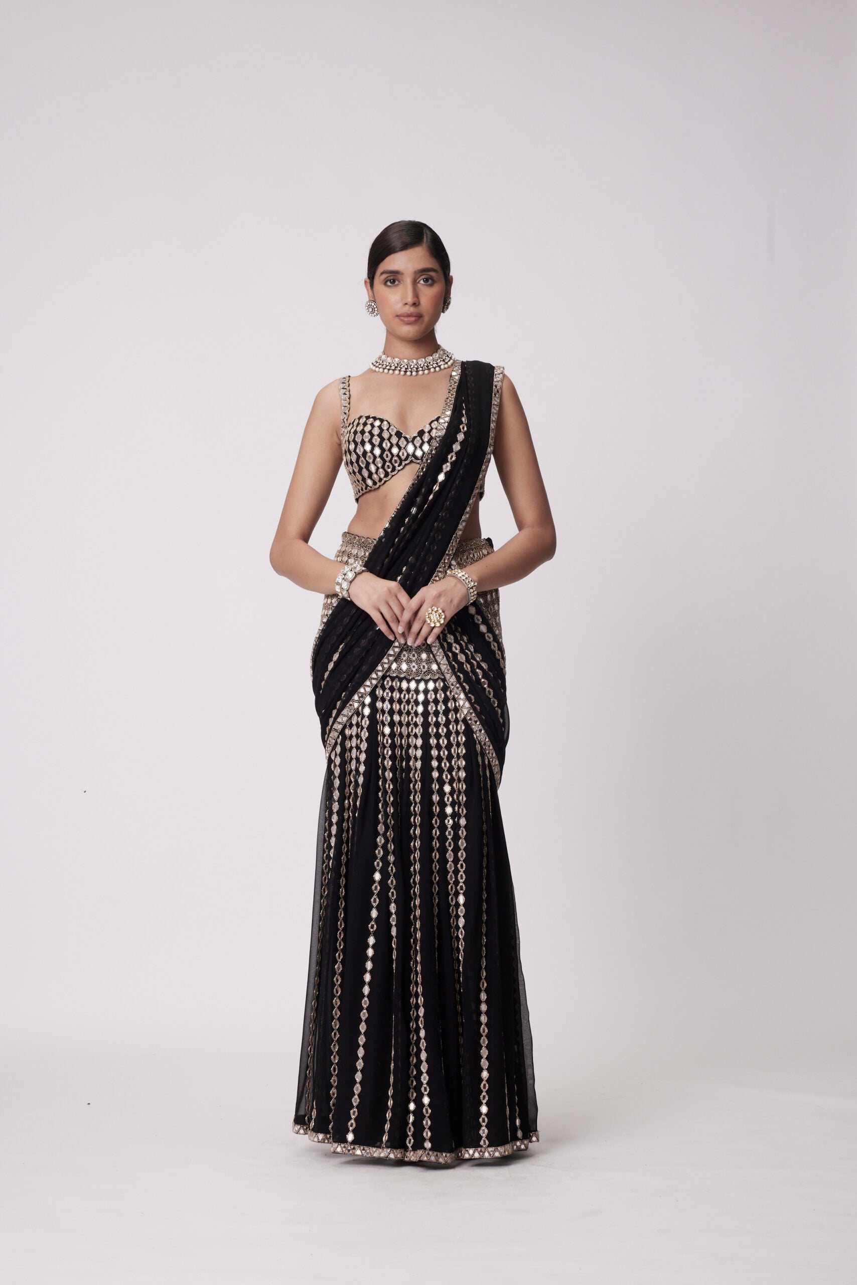 Black Pre Draped Saree Set