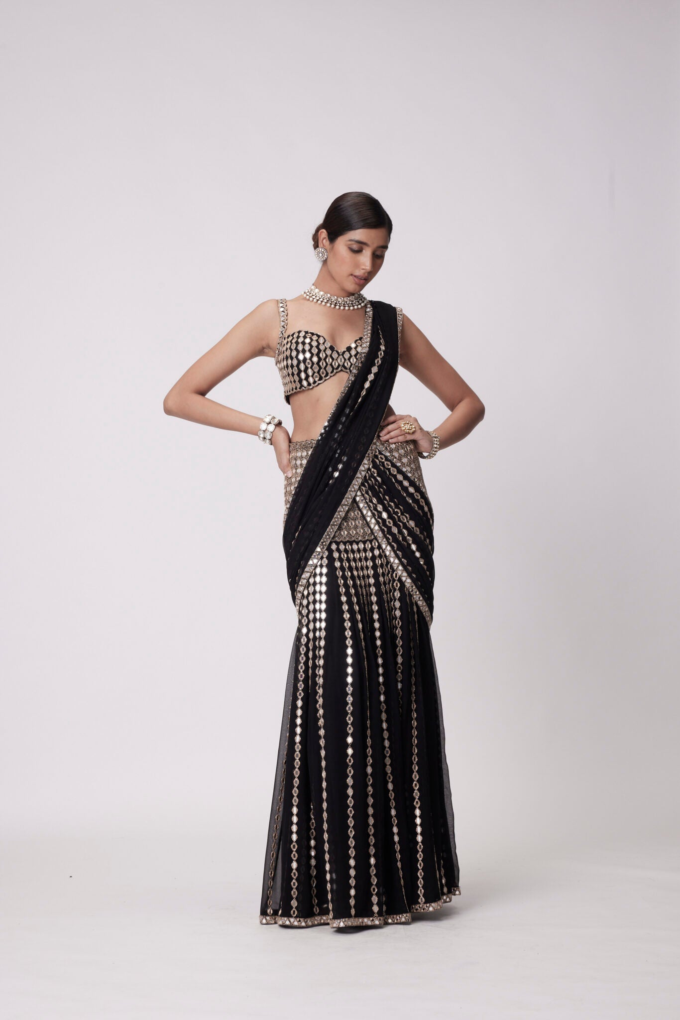 Black Pre Draped Saree Set