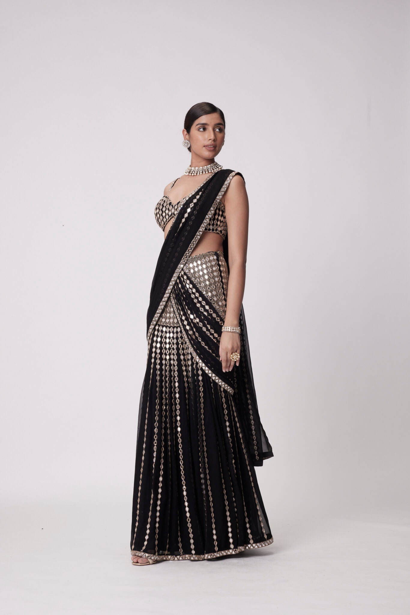 Black Pre Draped Saree Set