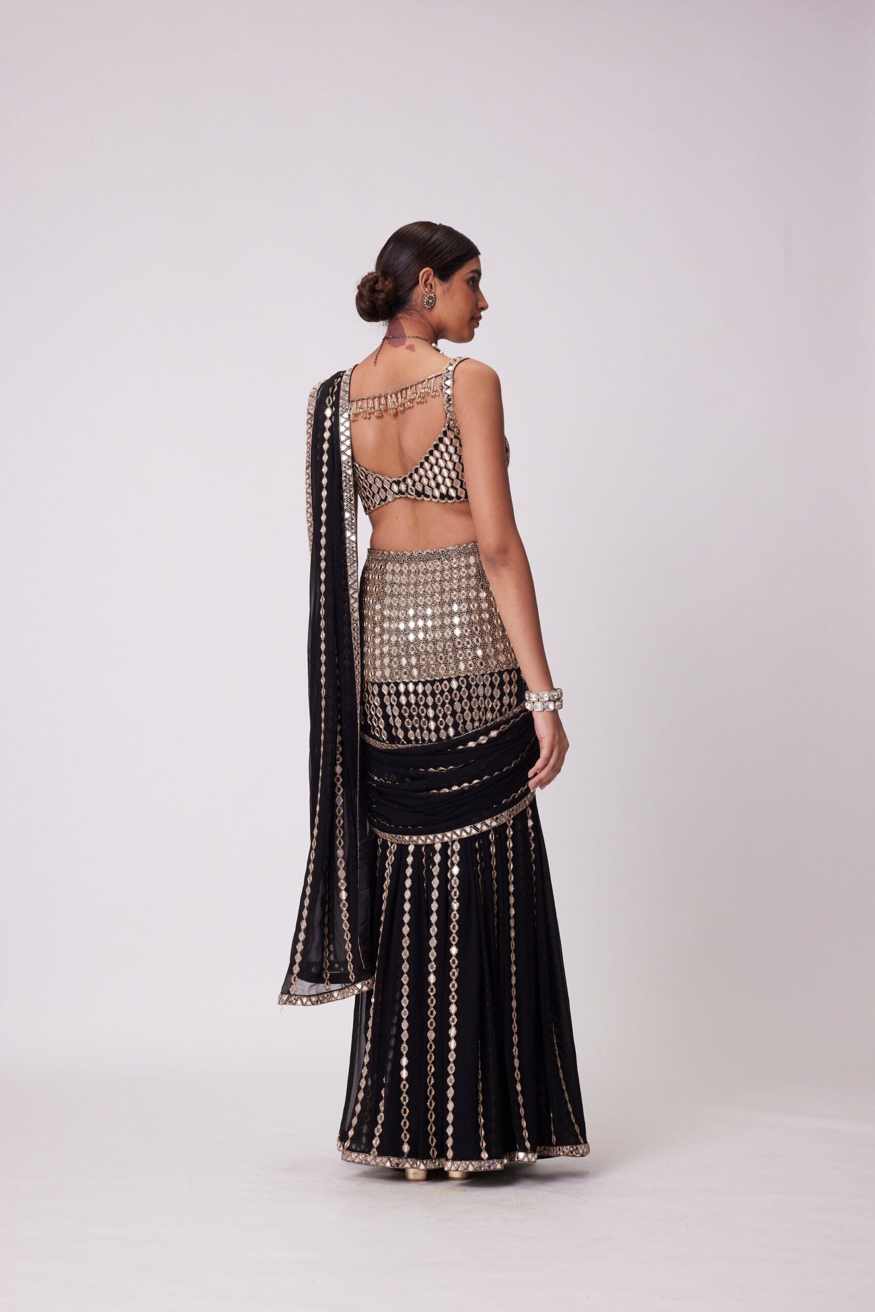 Black Pre Draped Saree Set