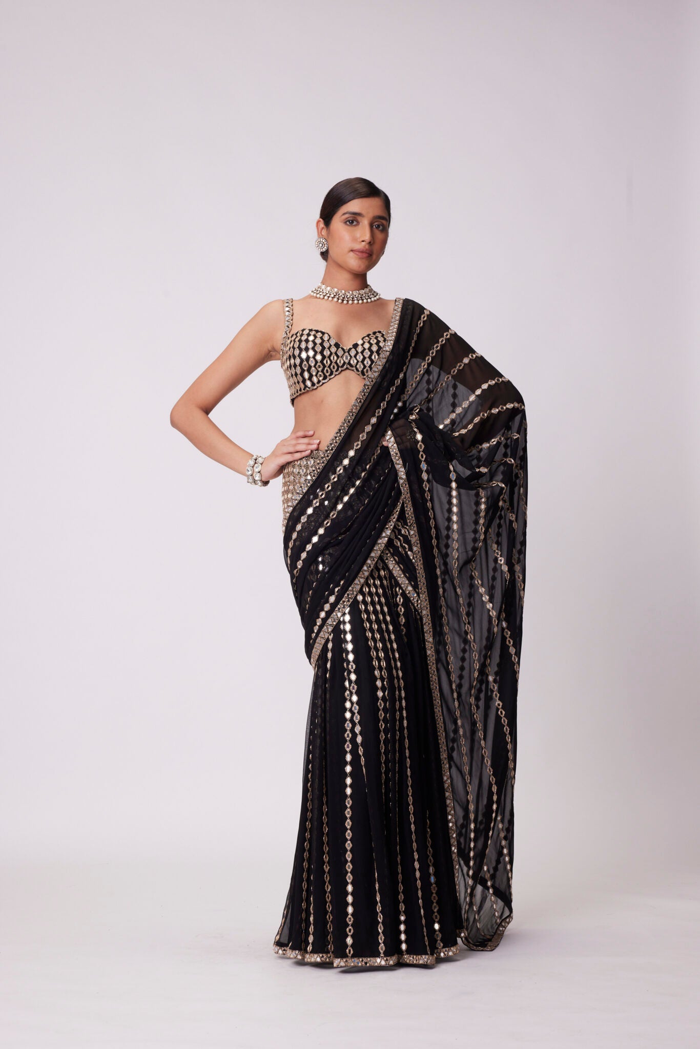 Black Pre Draped Saree Set