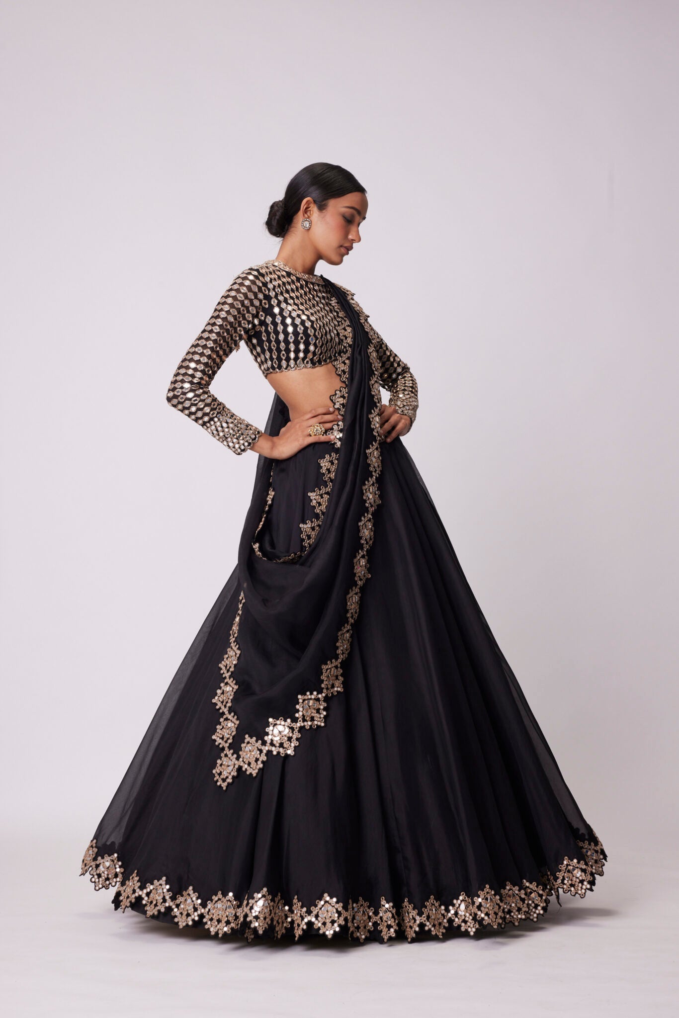 Black Organza Mirror Embroidered Lehenga Set