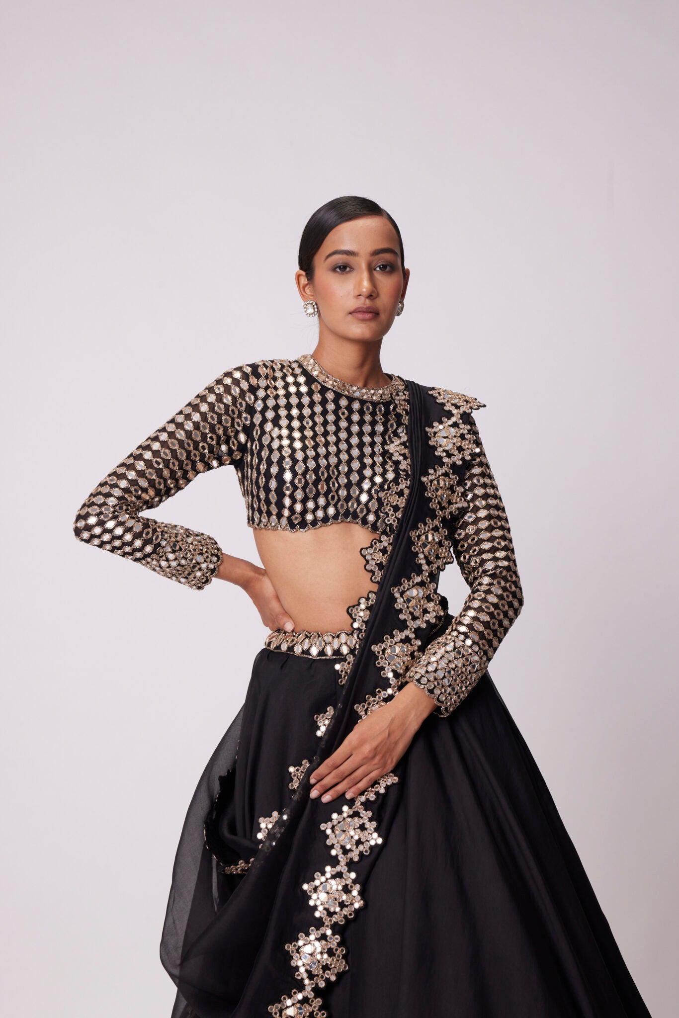 Black Organza Mirror Embroidered Lehenga Set