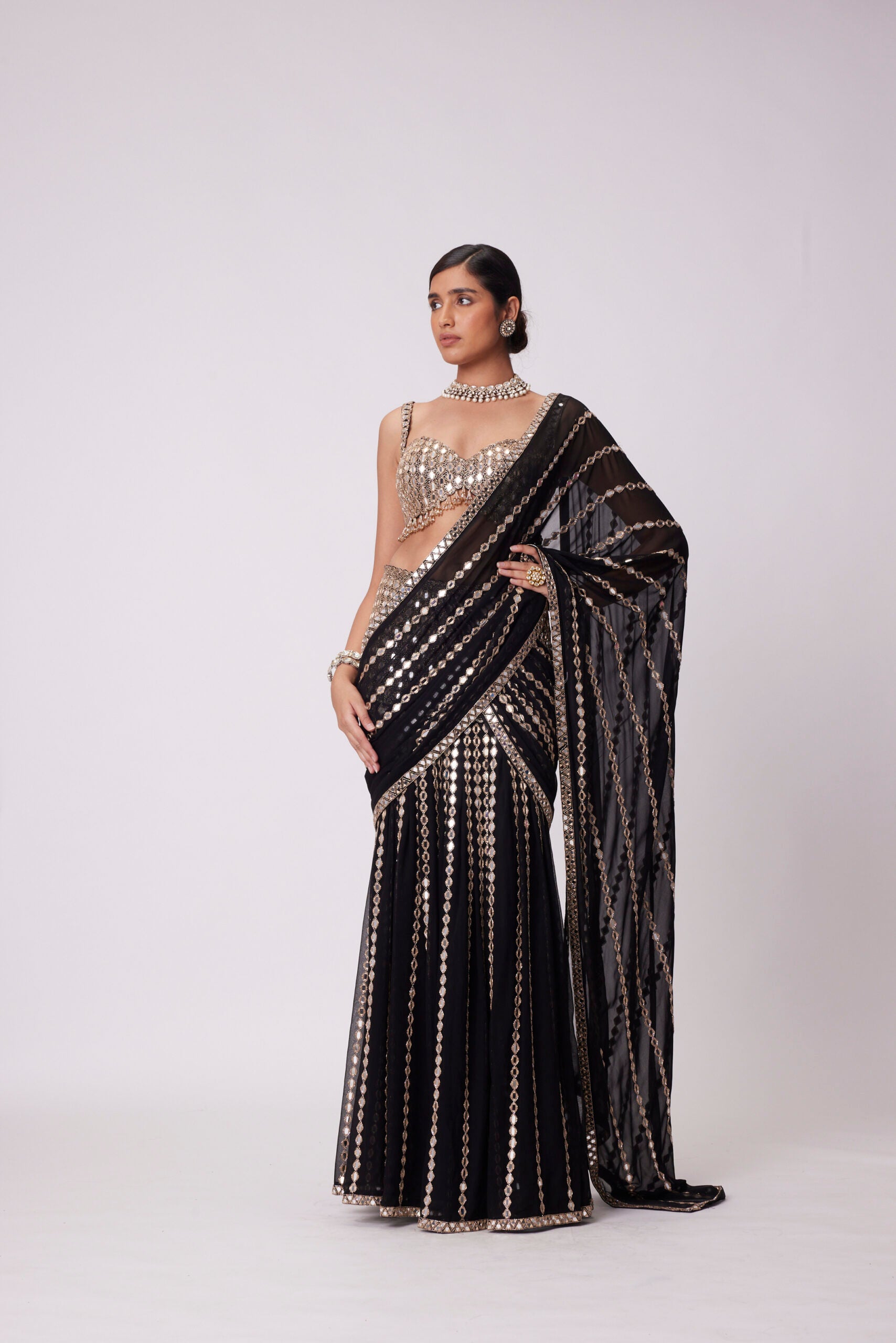 Black Pre Draped Hand Embroidered Saree Set