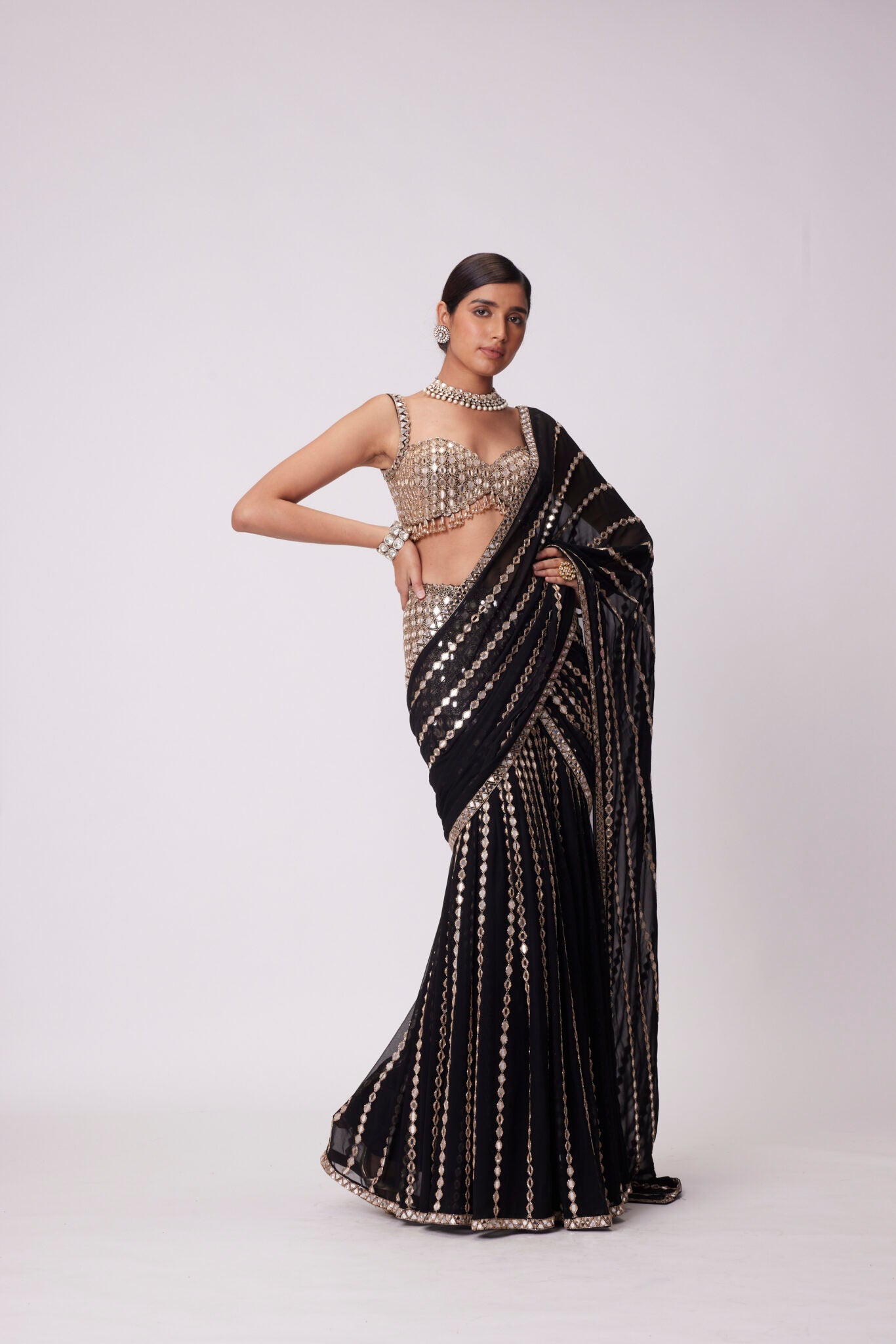 Black Pre Draped Hand Embroidered Saree Set