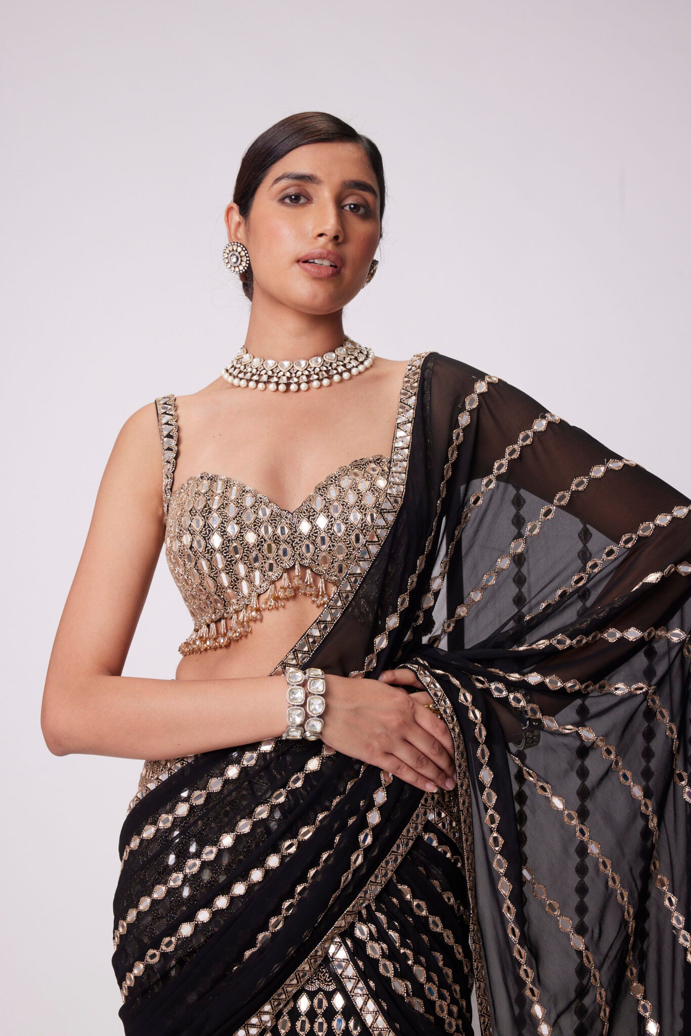 Black Pre Draped Hand Embroidered Saree Set