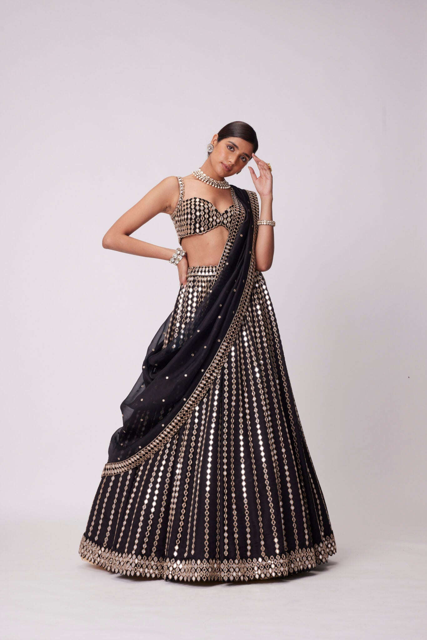 Black Linear Mirror Embroidered Lehenga Set