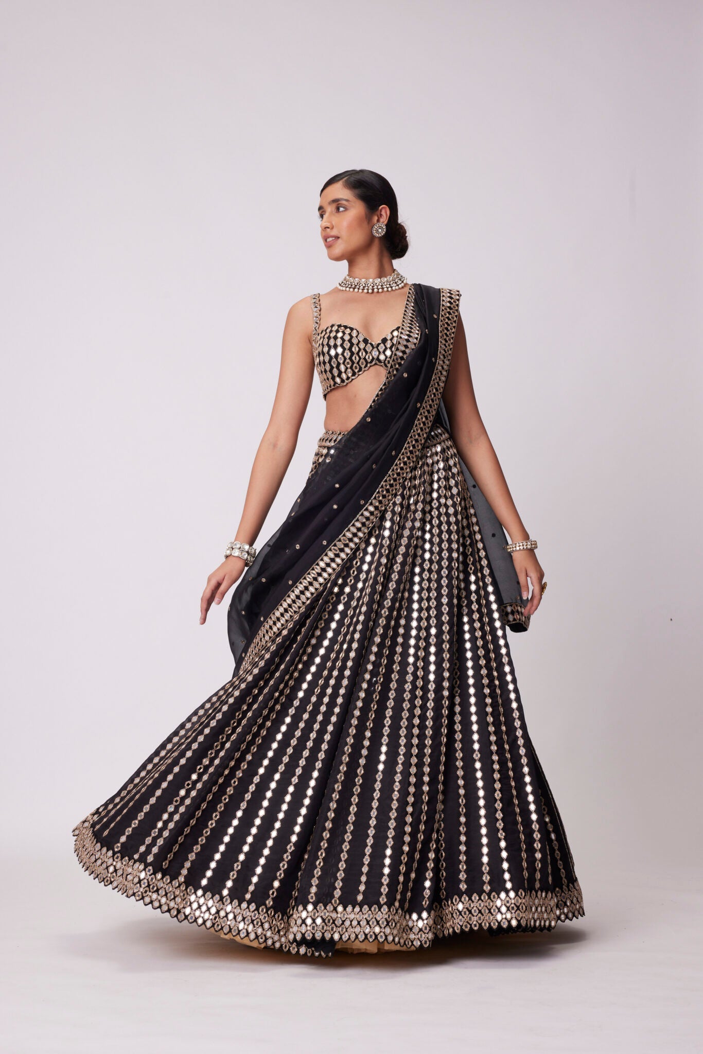 Black Linear Mirror Embroidered Lehenga Set