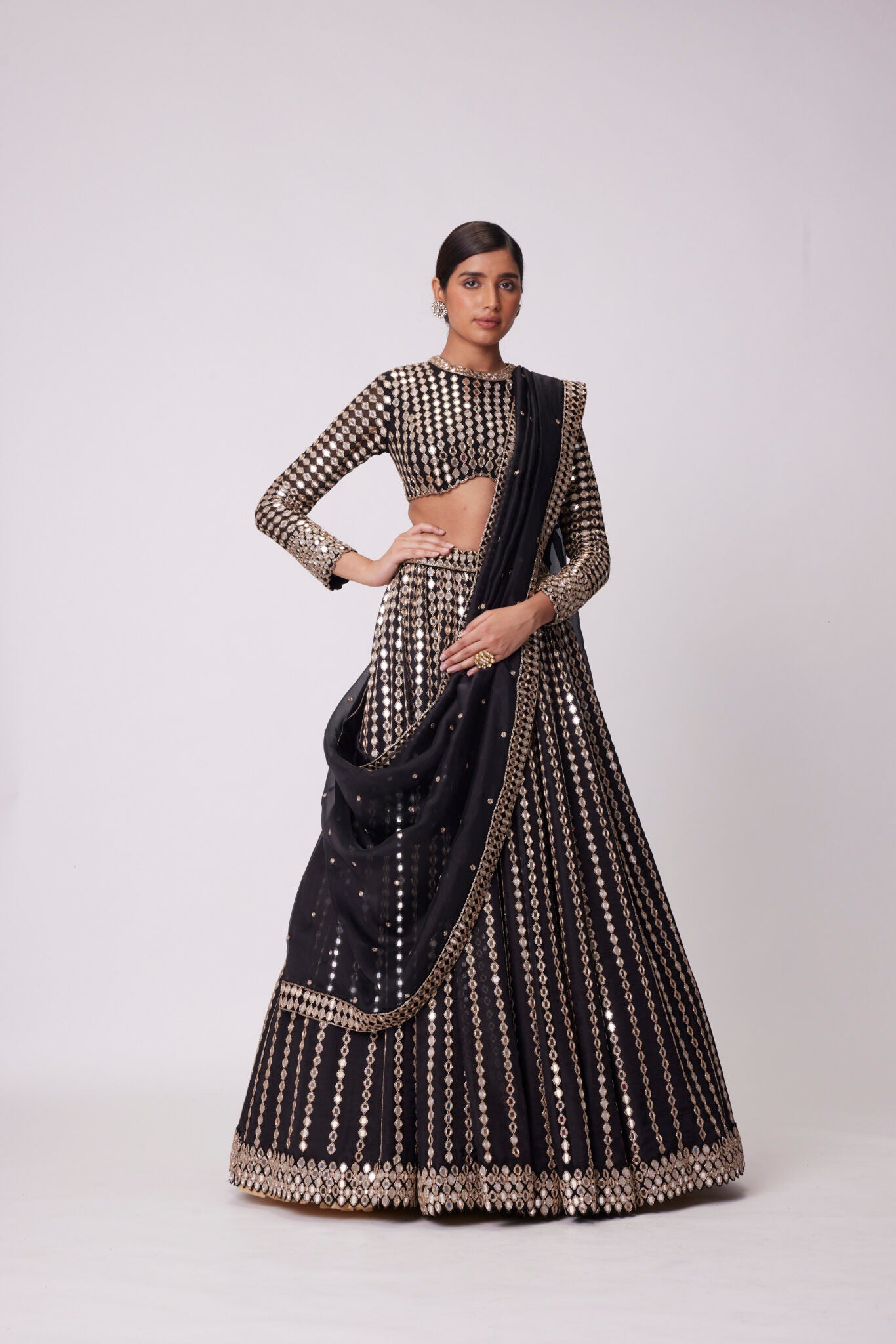 Black Linear Mirror Embroidered Organza Lehenga Set