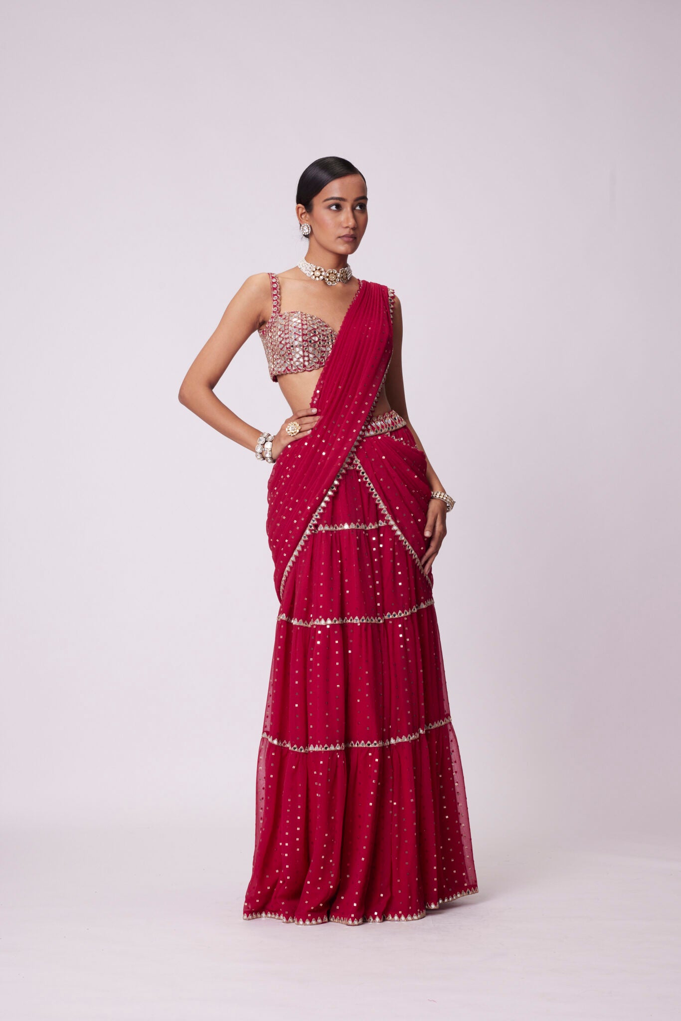 Crimson Red Multi-tier Sequin Embroidered Saree Set