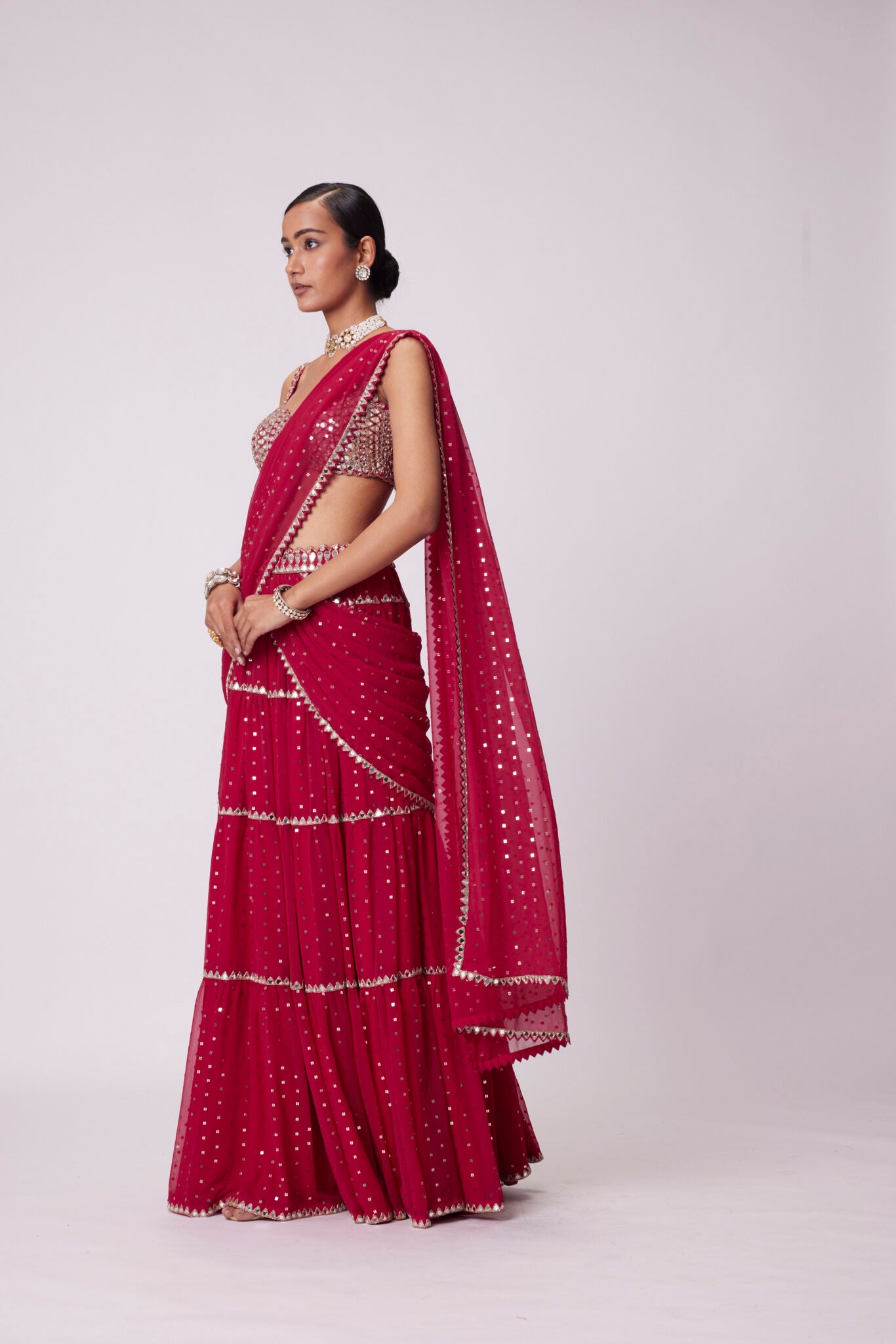 Crimson Red Multi-tier Sequin Embroidered Saree Set