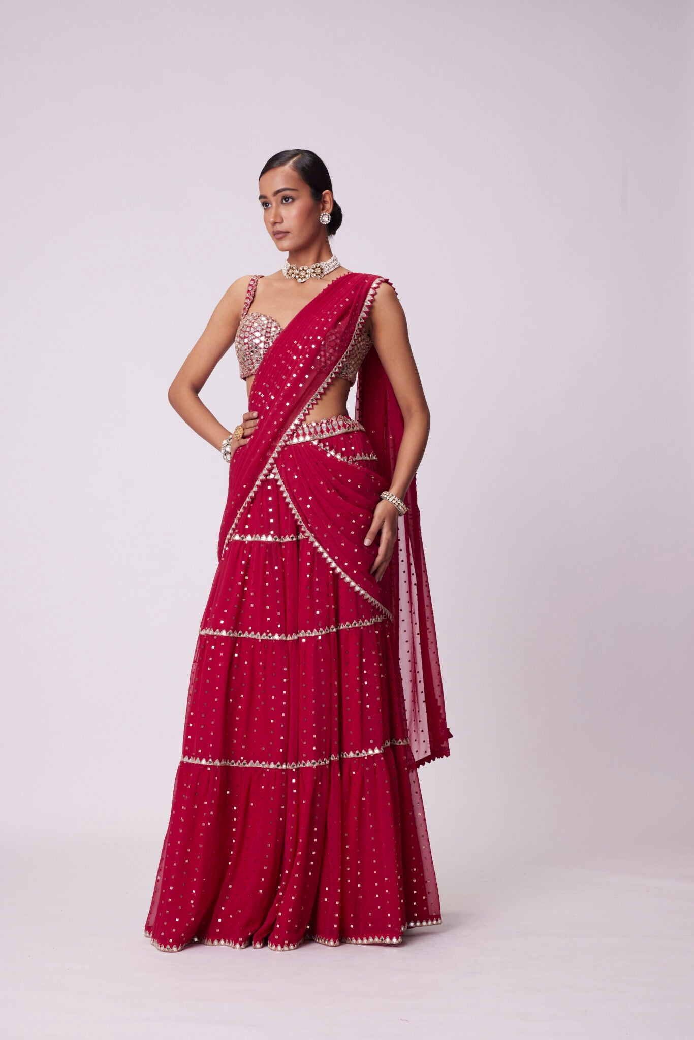 Crimson Red Multi-tier Sequin Embroidered Saree Set