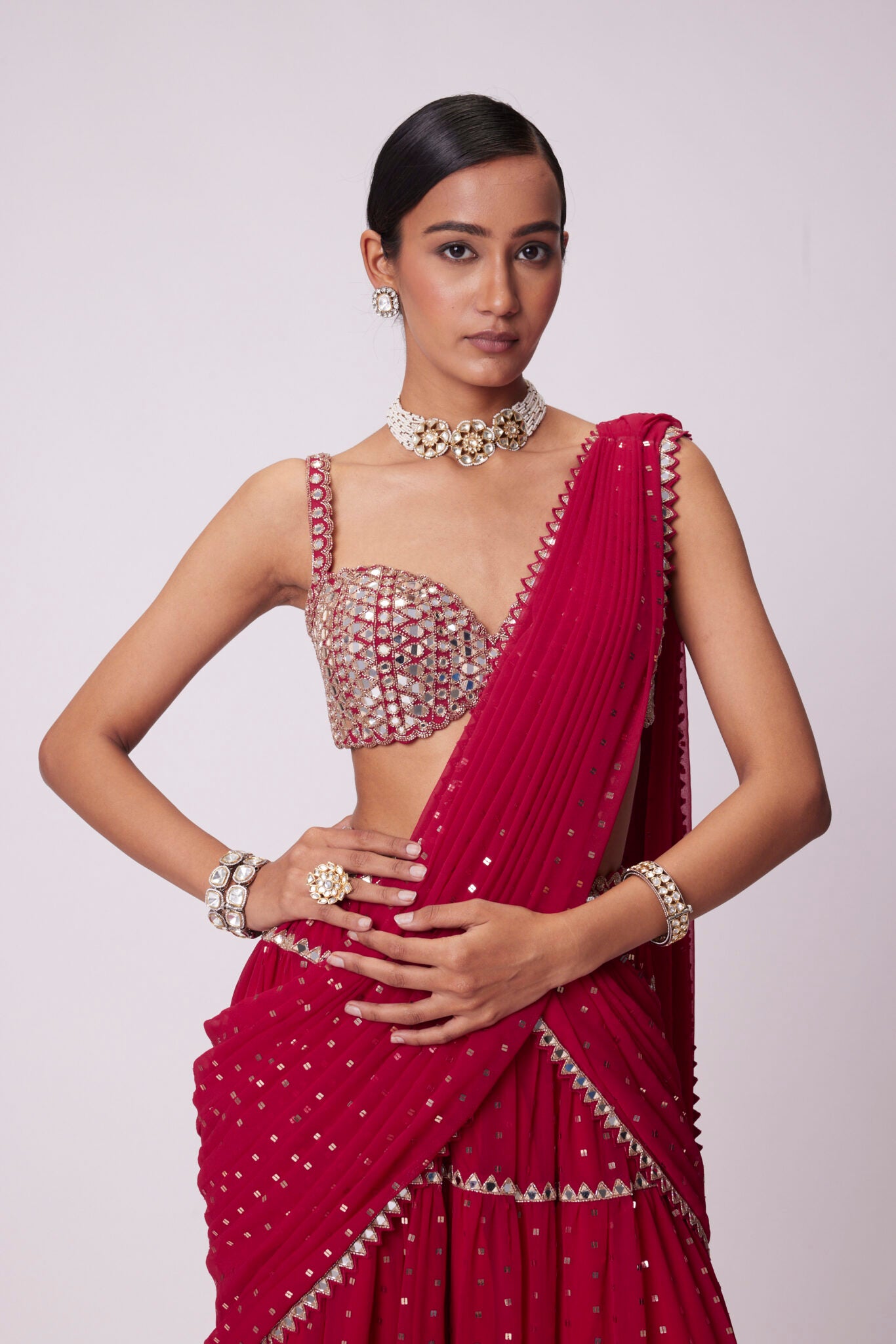 Crimson Red Multi-tier Sequin Embroidered Saree Set