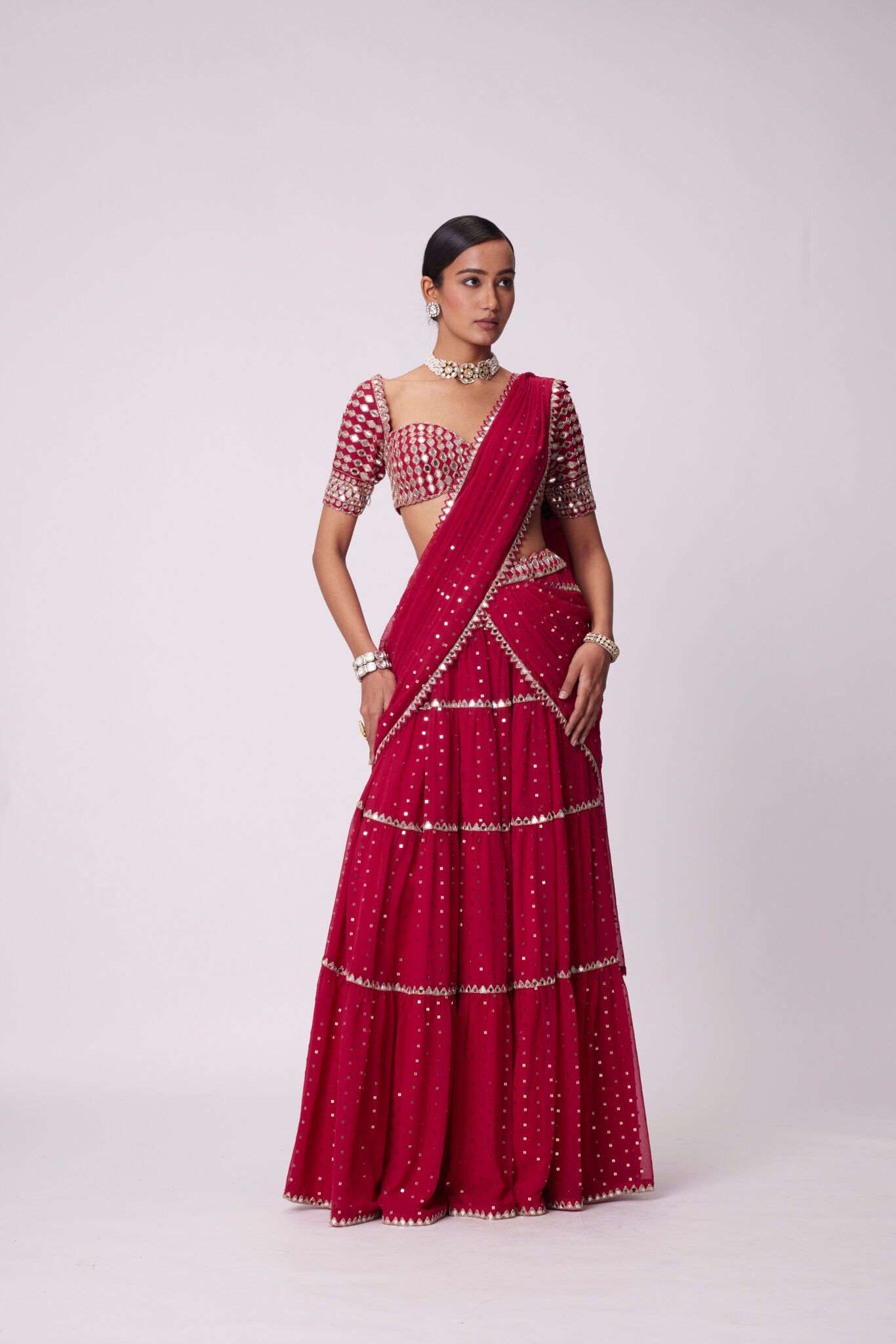 Crimson Red Multi-tier Saree Set