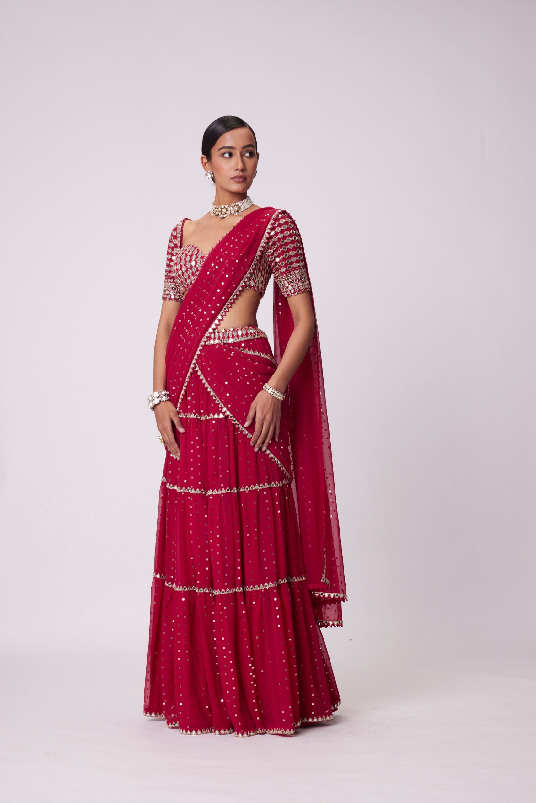 Crimson Red Multi-tier Saree Set