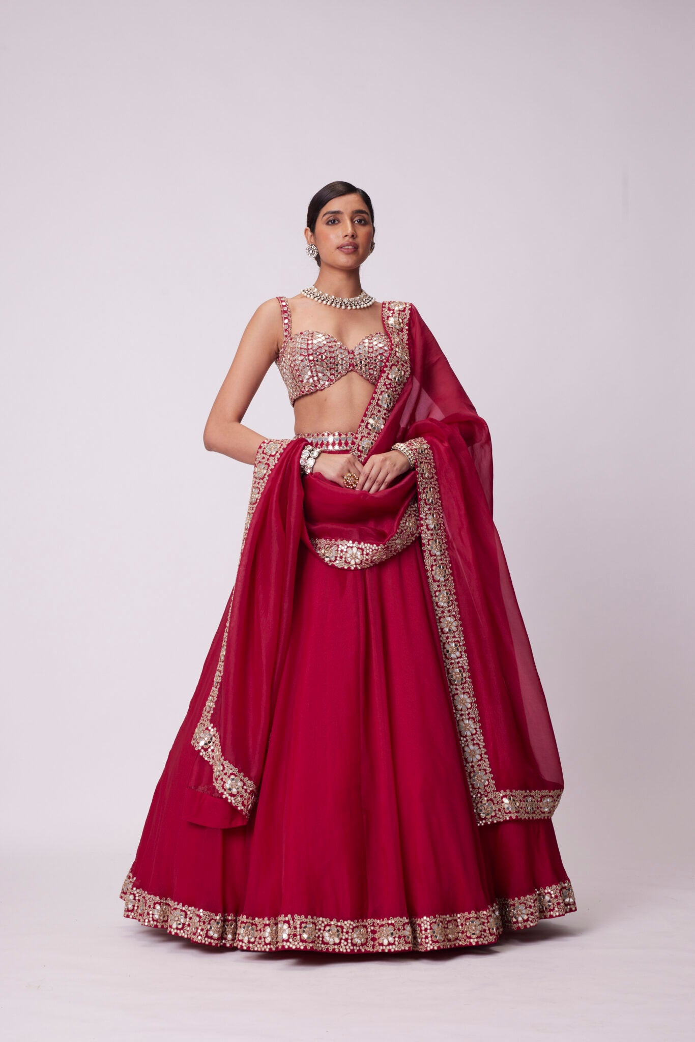 Crimson Red Mirror Embroidered Lehenga Set