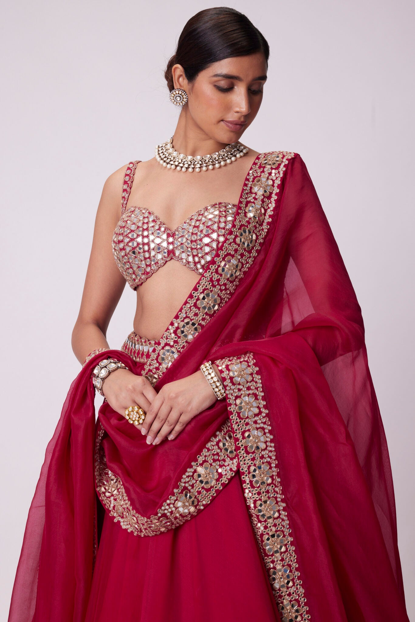 Crimson Red Mirror Embroidered Lehenga Set