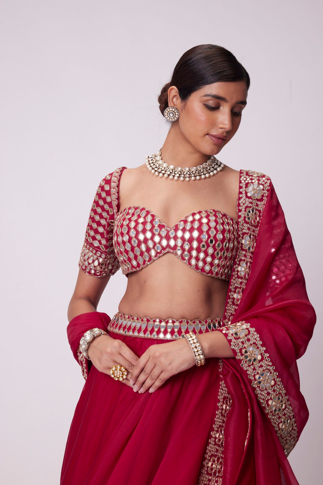 Crimson Red Organza Mirror Lehenga Set