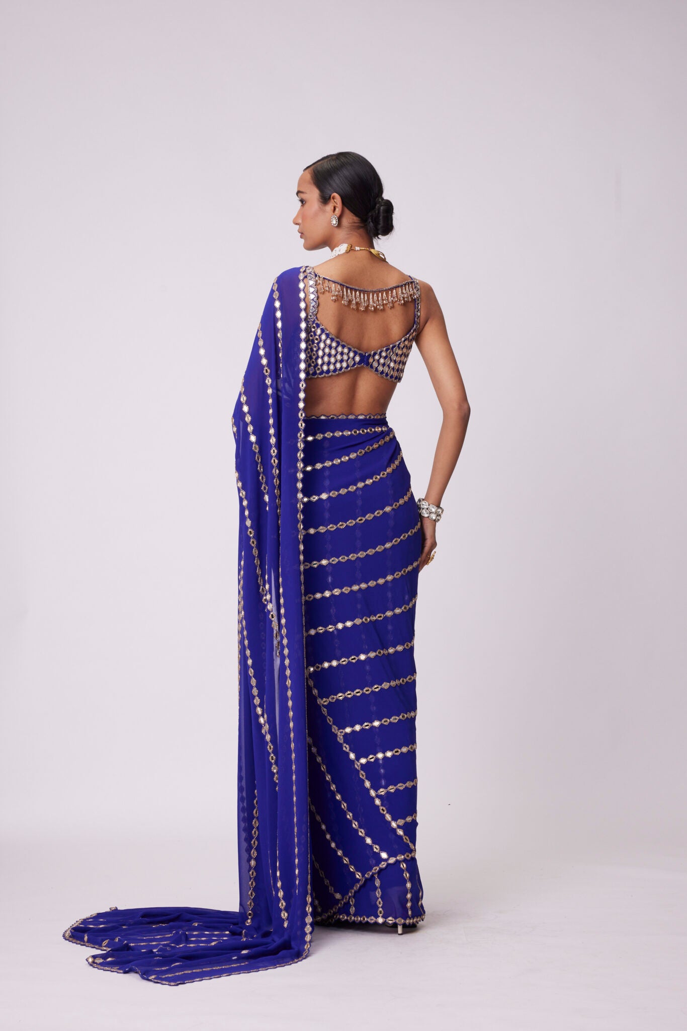 Persian Blue Linear Embroidery Georgette Saree Set