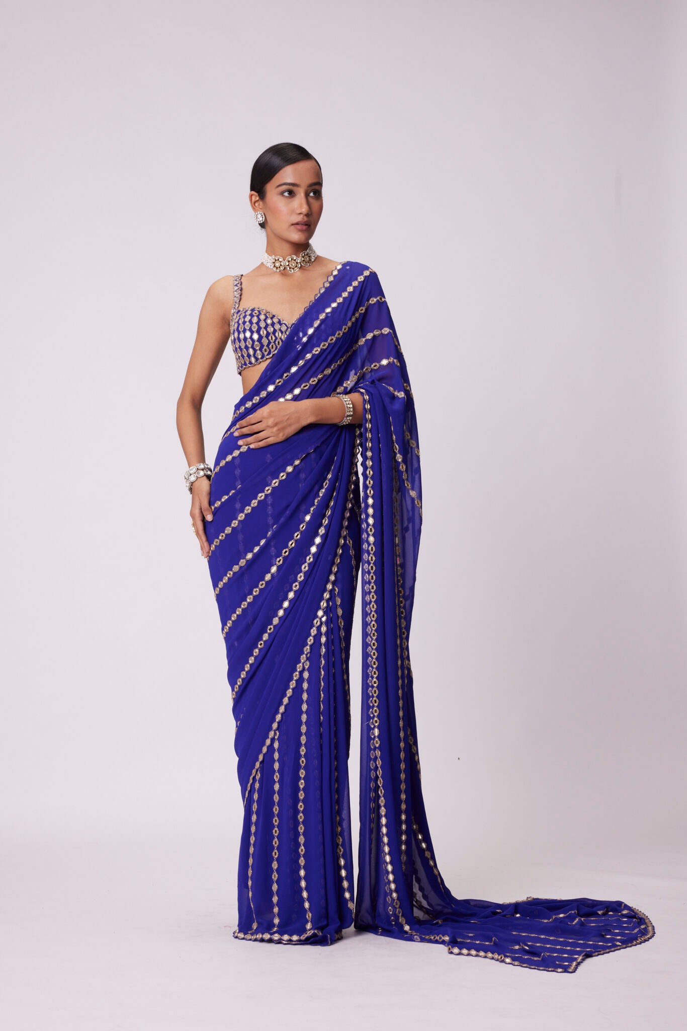 Persian Blue Linear Embroidery Georgette Saree Set