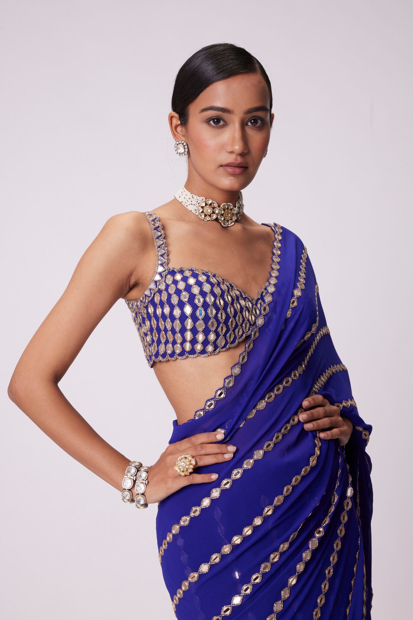 Persian Blue Linear Embroidery Georgette Saree Set