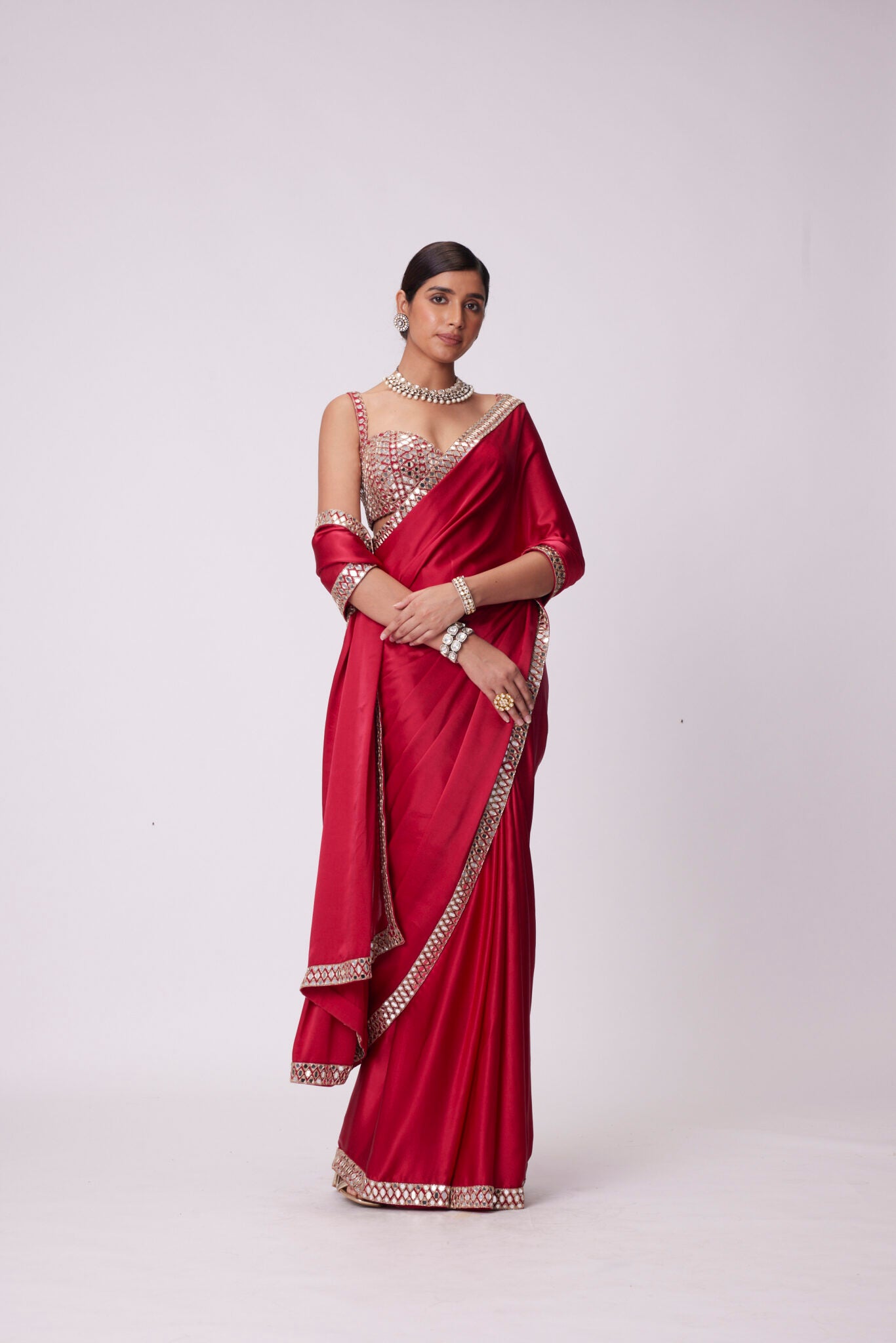 Crimson Red Satin Saree Set