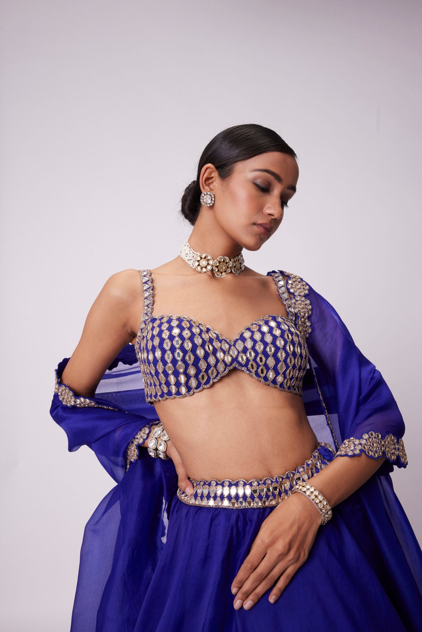 Persian Blue Linear Mirror Embroidered Lehenga Set