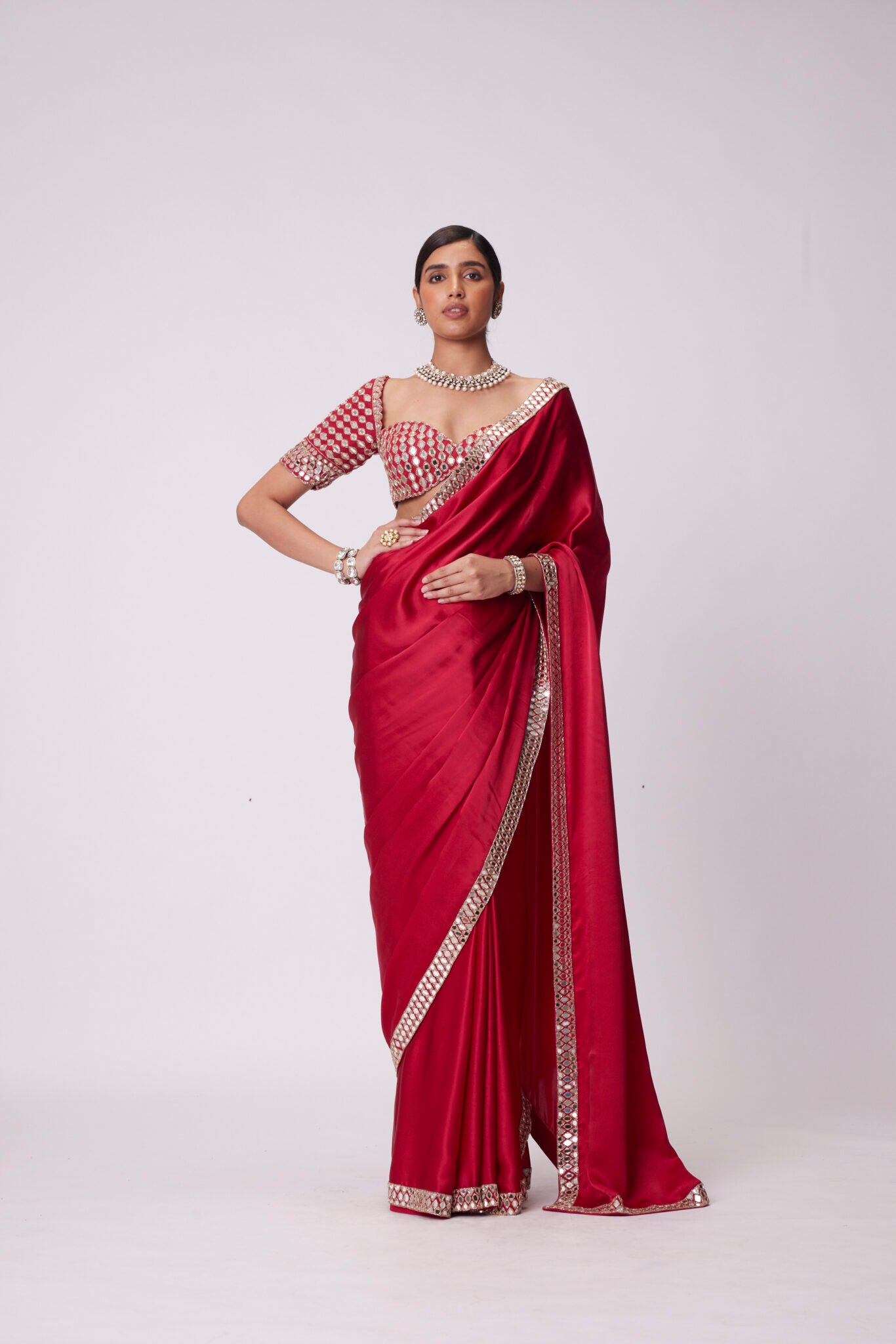 Crimson Red Satin Mirror Embroidery Saree Set