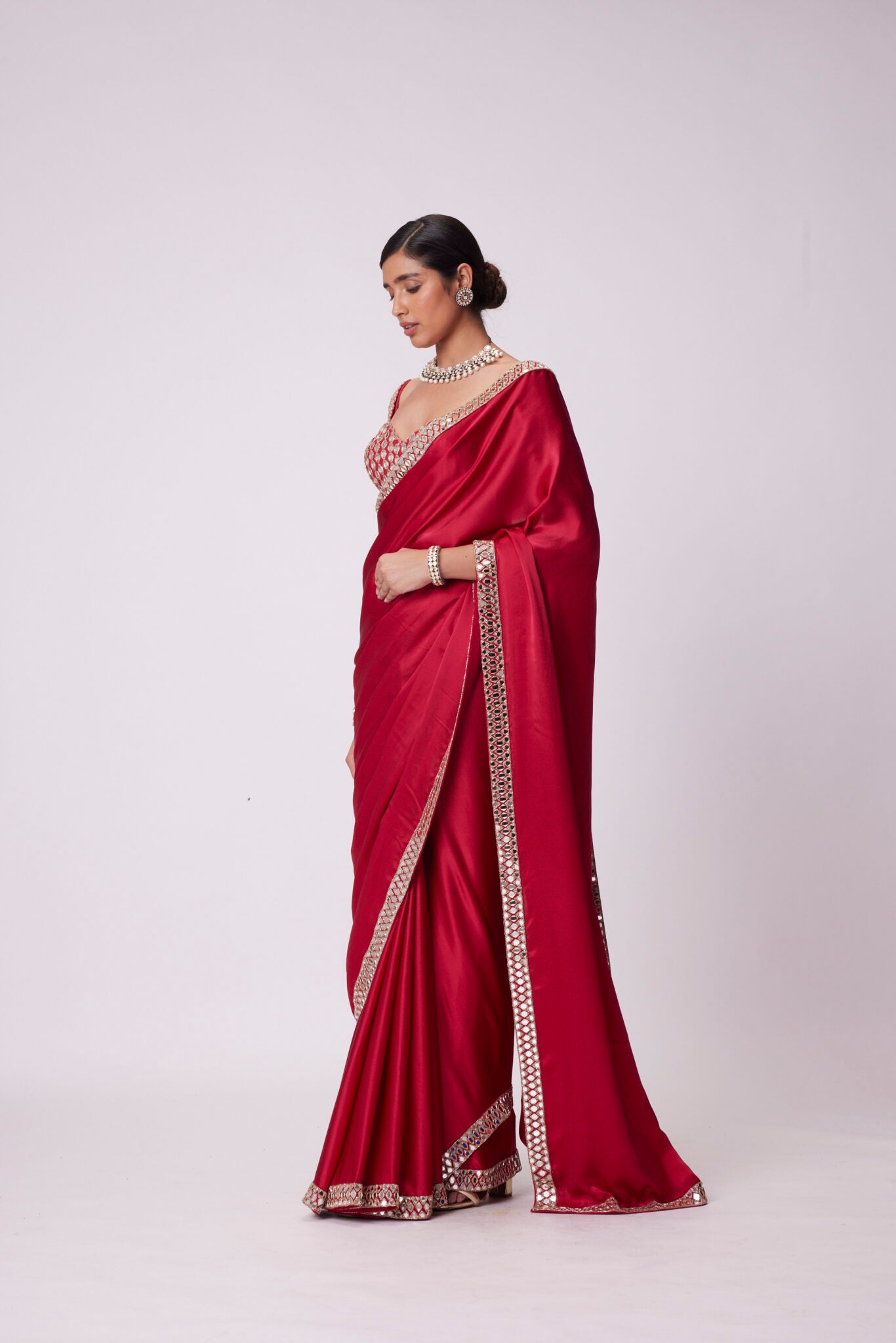 Crimson Red Satin Mirror Embroidery Saree Set