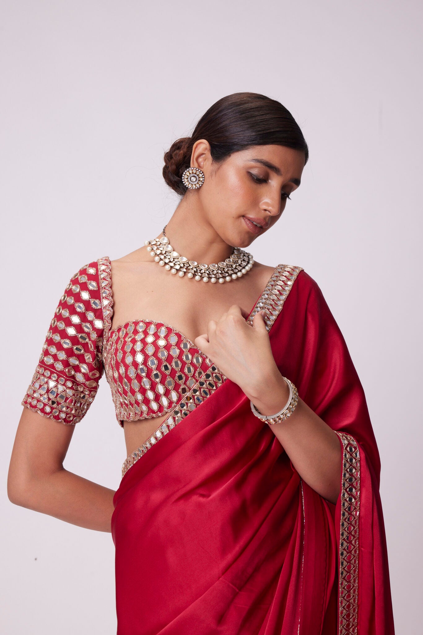 Crimson Red Satin Mirror Embroidery Saree Set