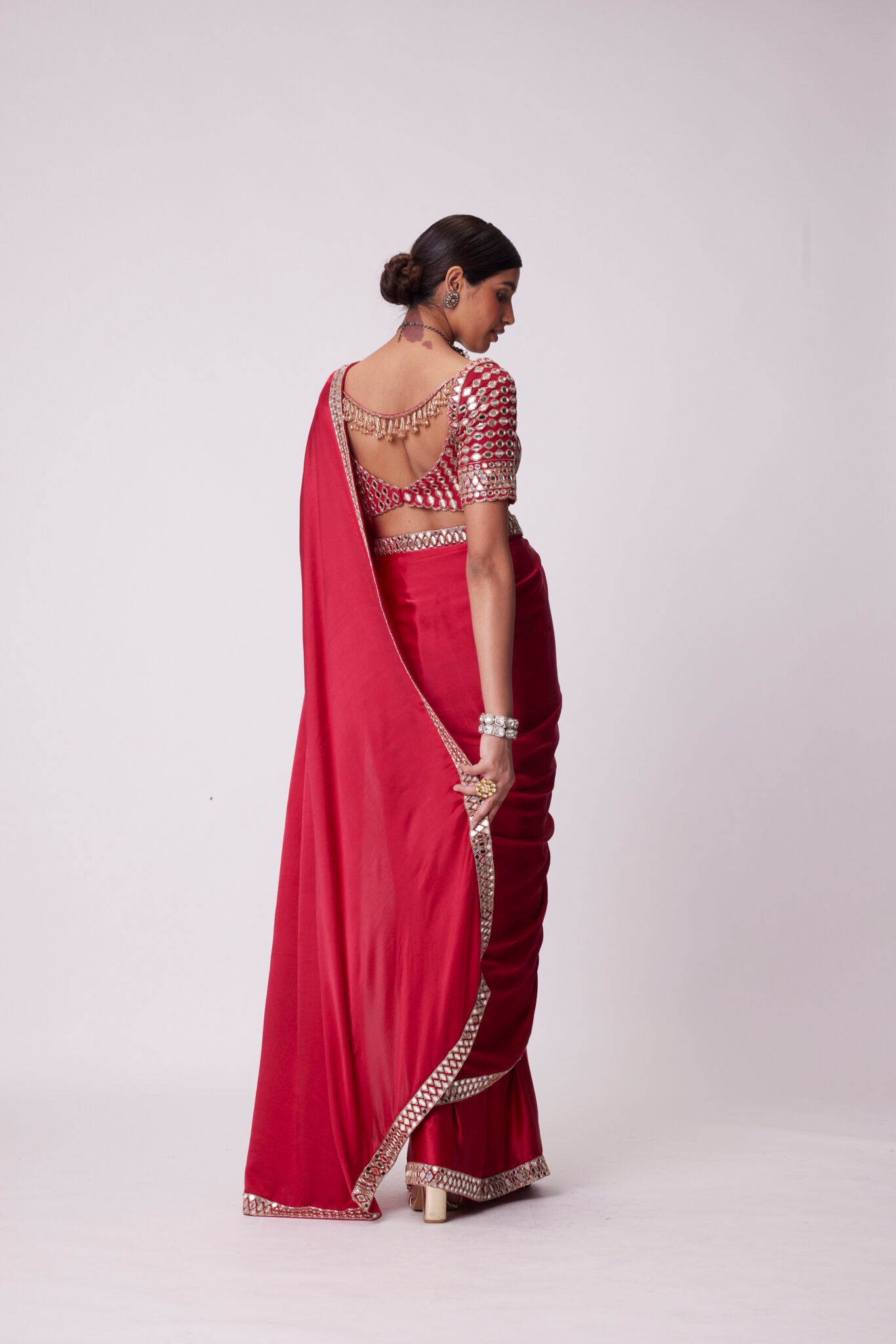 Crimson Red Satin Mirror Embroidery Saree Set