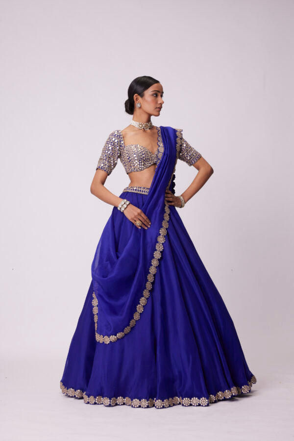 Persian Blue Organza Hand Embroidered Lehenga Set