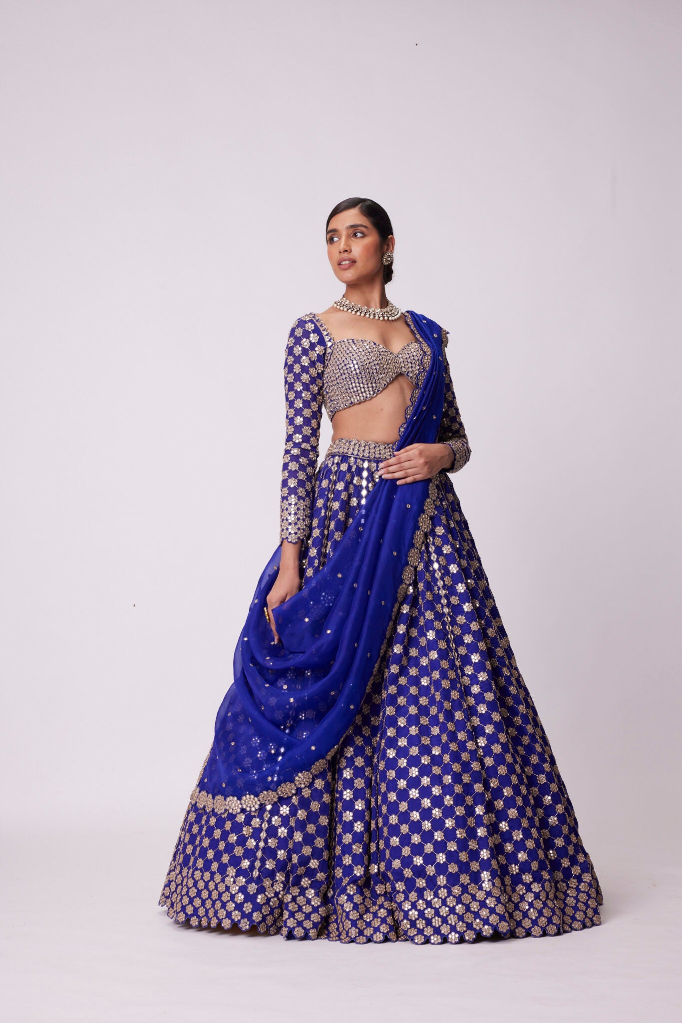 Persian Blue Mirror Flower Hand Embroidered Lehenga