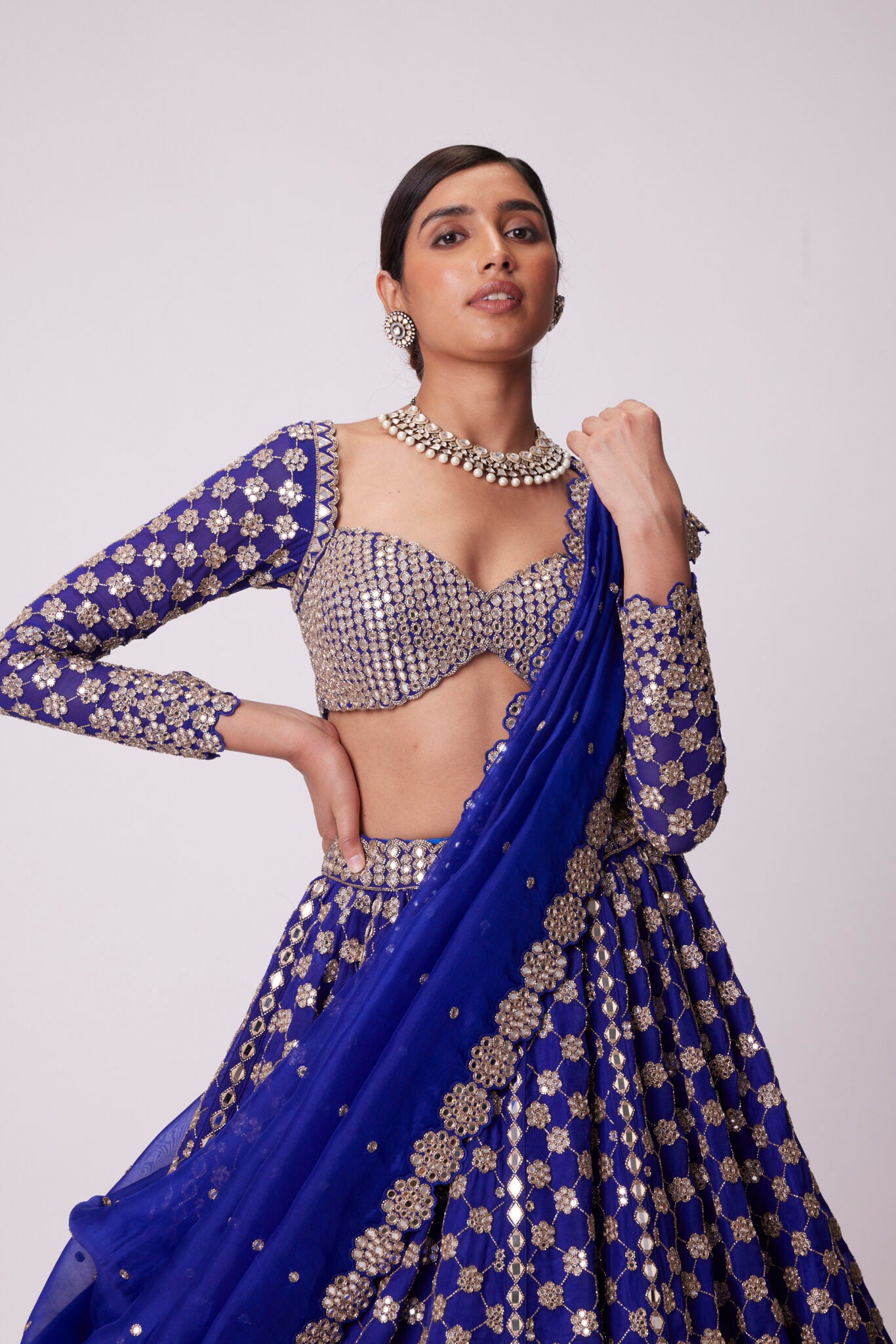 Persian Blue Mirror Flower Hand Embroidered Lehenga