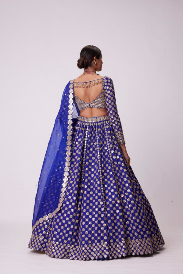 Persian Blue Mirror Flower Hand Embroidered Lehenga